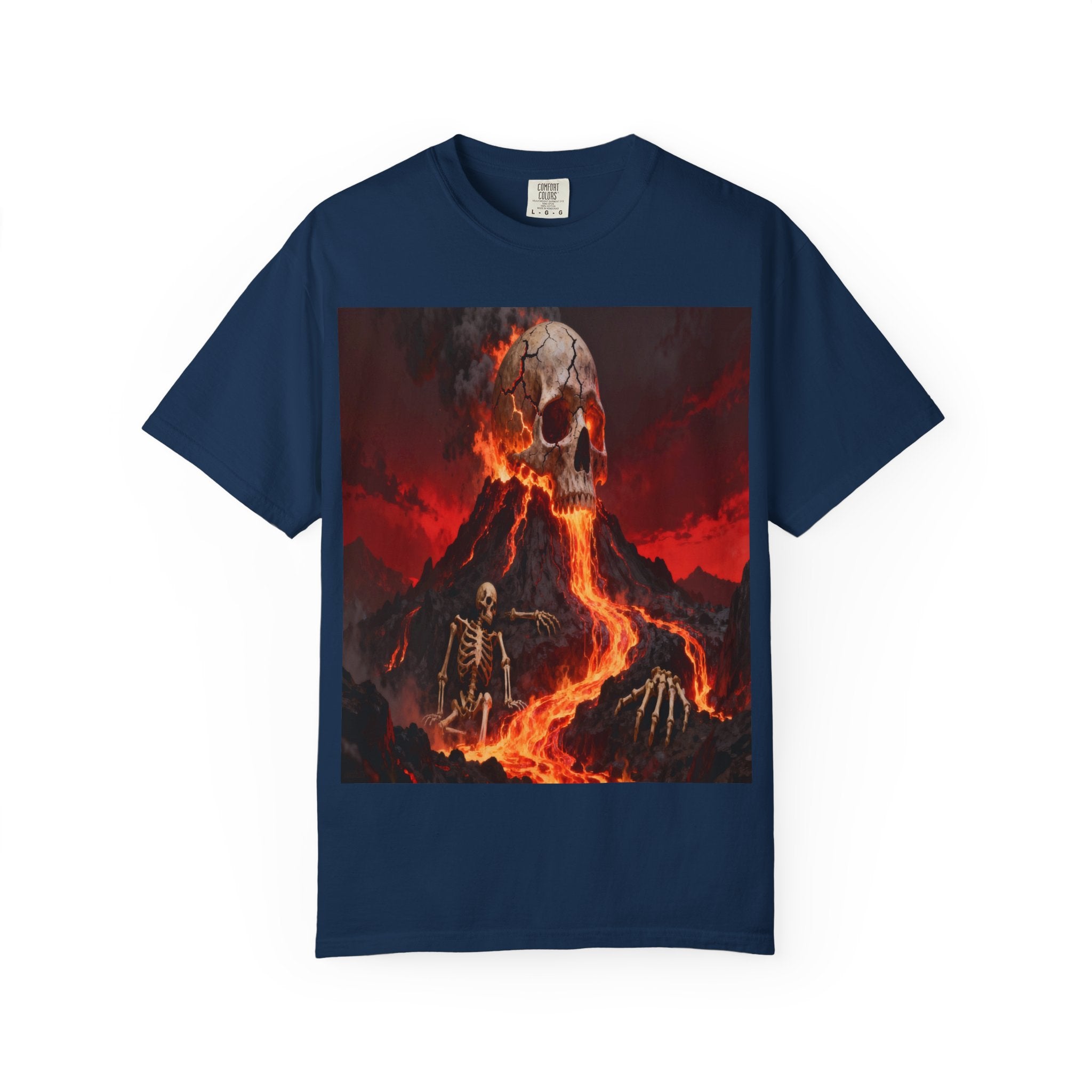 Volcanic Skull Lava Scene T-Shirt | Skeleton Volcano Graphic Tee