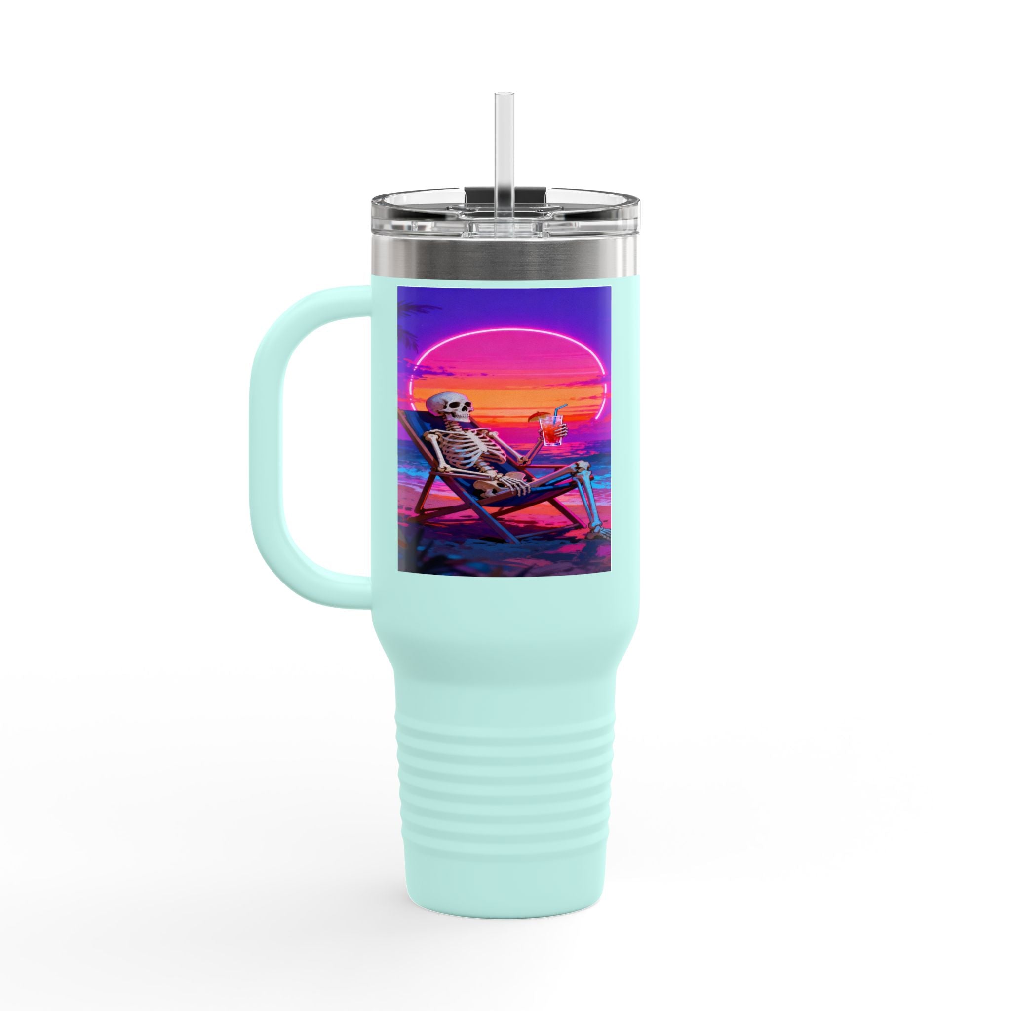 Retro Vaporwave Skeleton Sunset Insulated Travel Mug