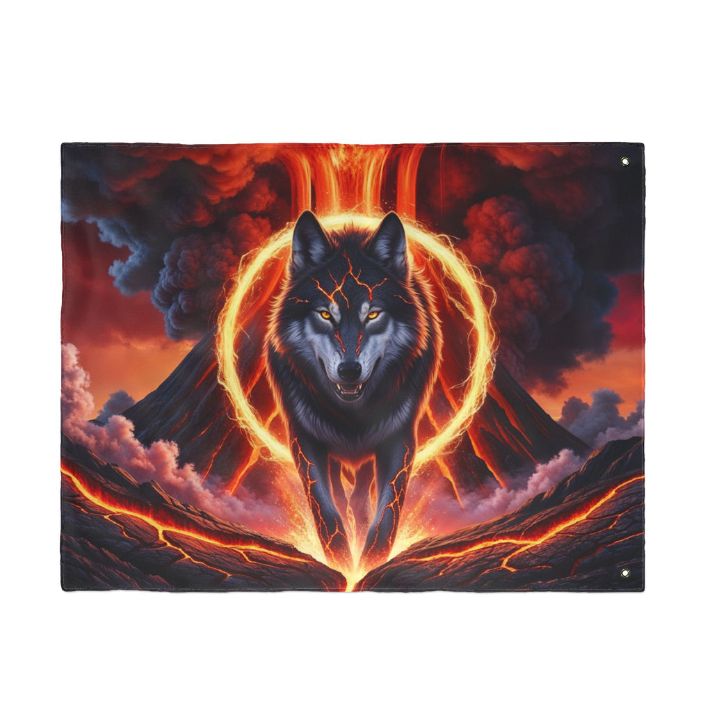 Fiery Wolf with Lava Ring Flag | Double-Sided Flag, Volcano Night Scene
