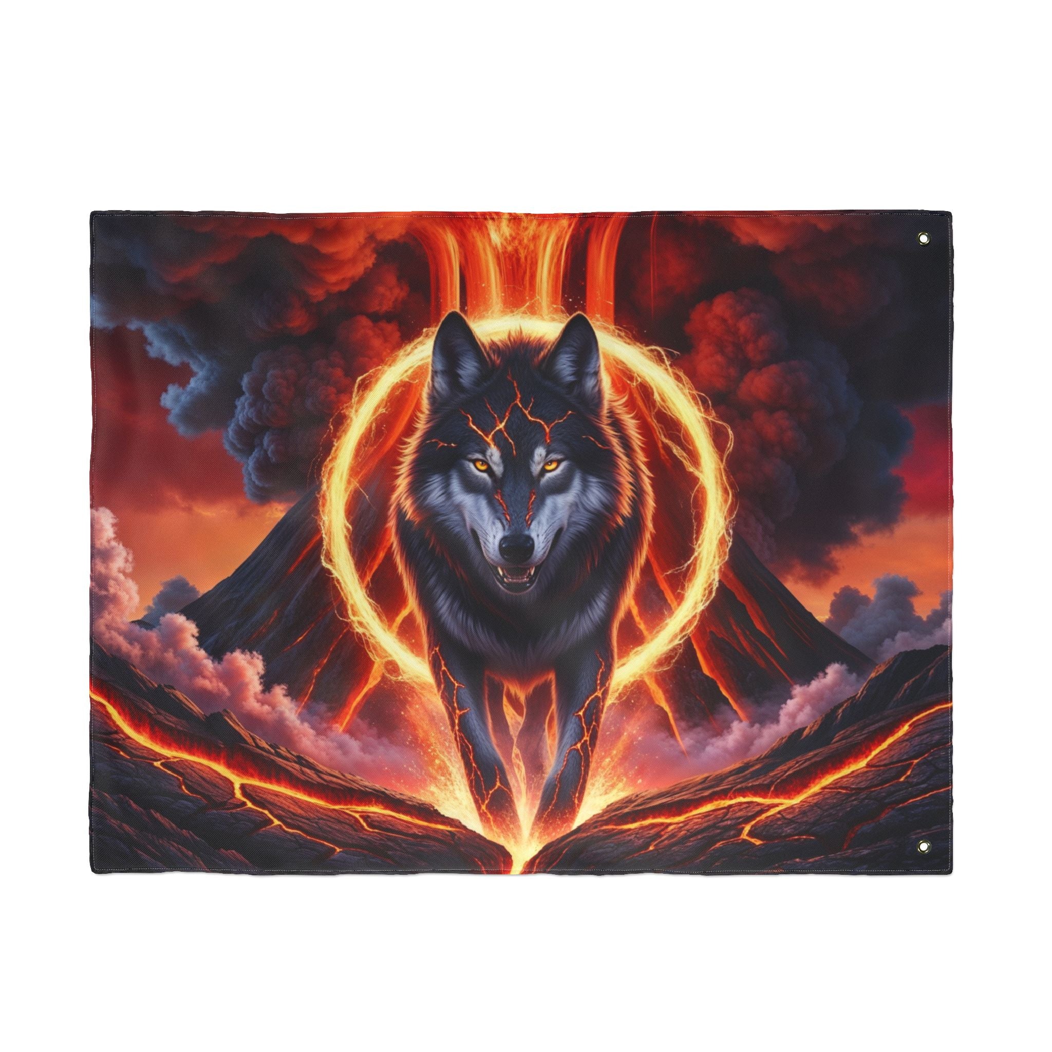 Fiery Wolf with Lava Ring Flag | Double-Sided Flag, Volcano Night Scene