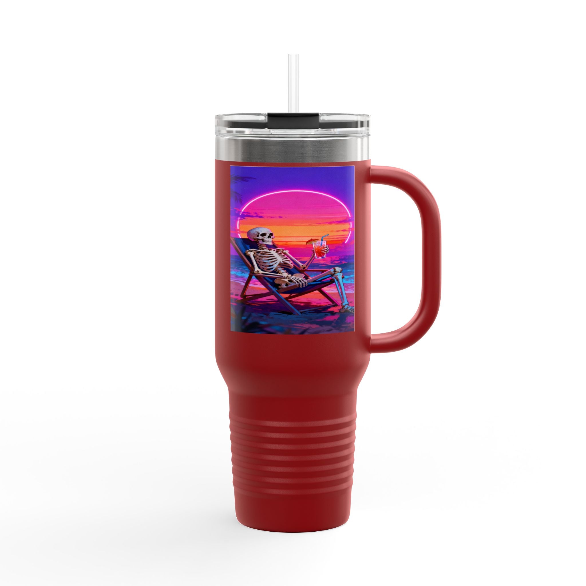 Retro Vaporwave Skeleton Sunset Insulated Travel Mug