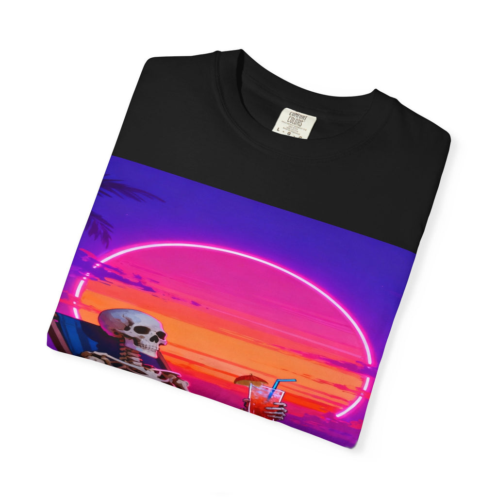 Skeleton on Beach T-shirt | Retro Neon Sunset Vaporwave