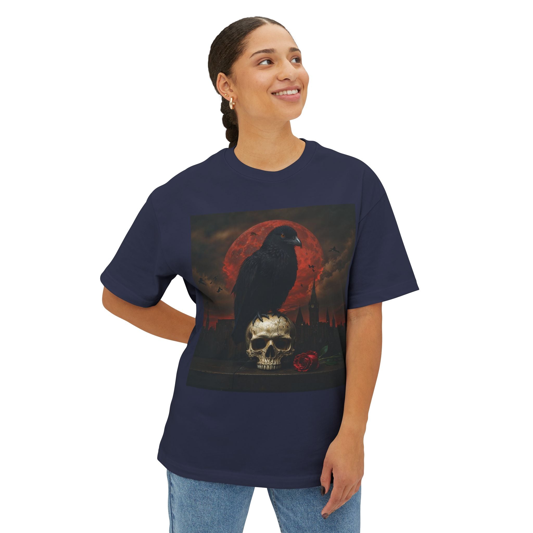 Raven Rising from Flames Skull Tee | Gothic Metal Fantasy