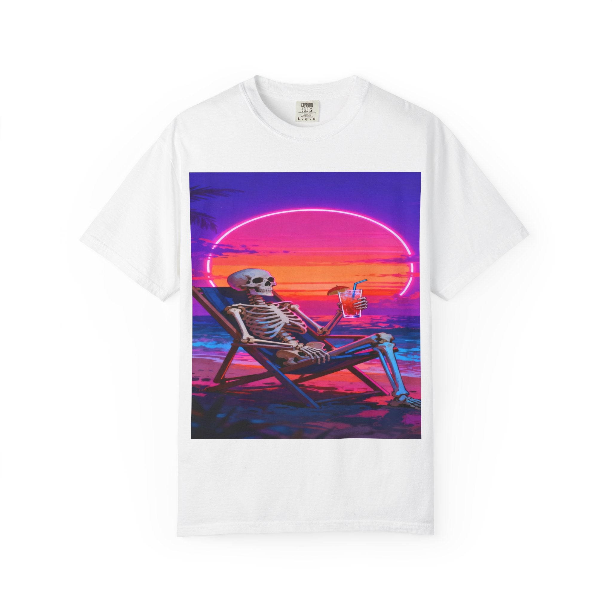Skeleton on Beach T-shirt | Retro Neon Sunset Vaporwave
