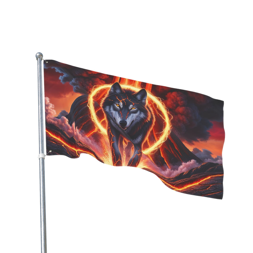 Fiery Wolf with Lava Ring Flag | Double-Sided Flag, Volcano Night Scene