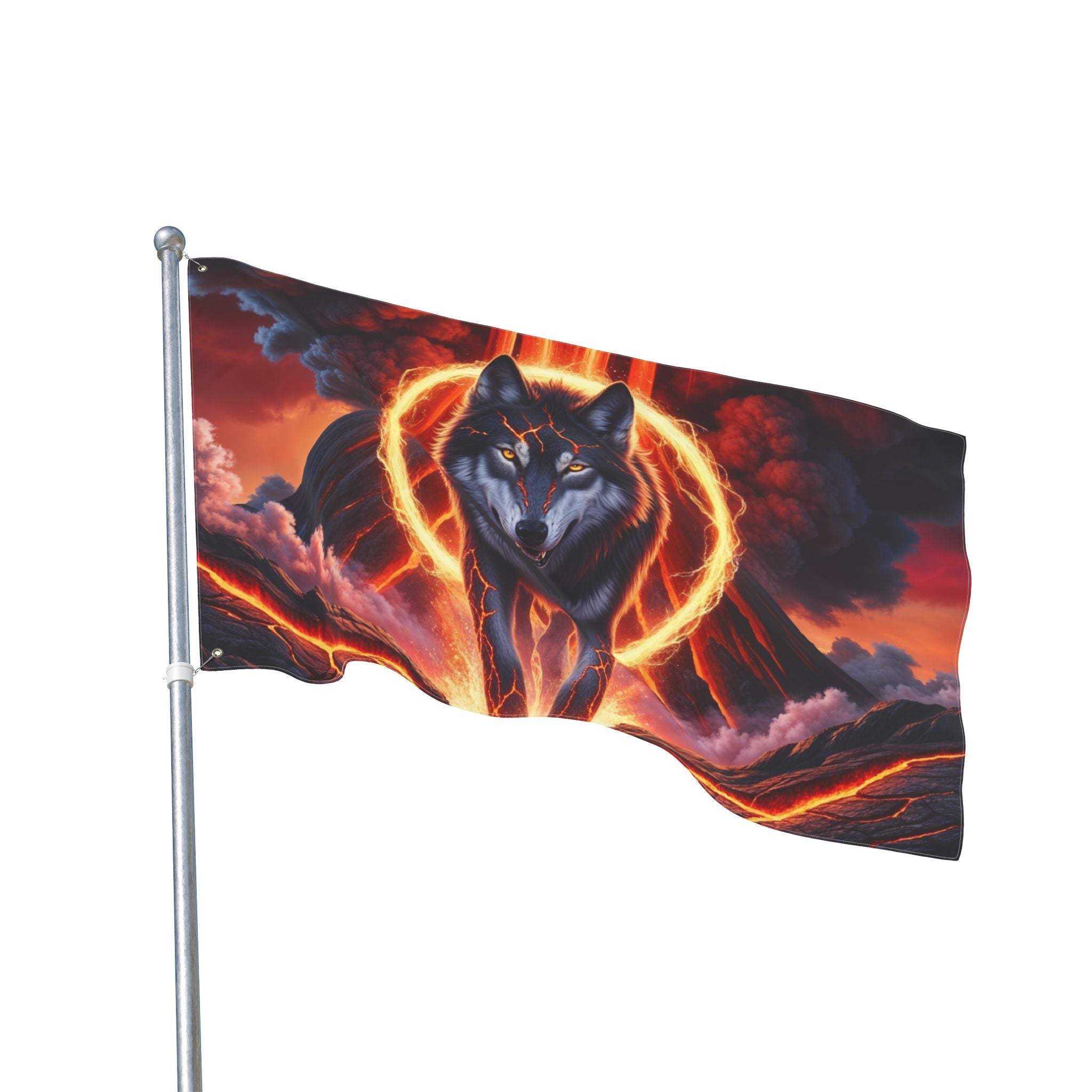 Fiery Wolf with Lava Ring Flag | Double-Sided Flag, Volcano Night Scene