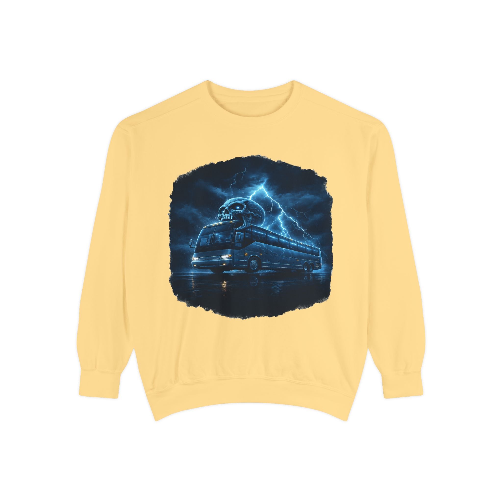 Ghostly Night Bus Sweatshirt — Haunted Storm Road Trip Crewneck