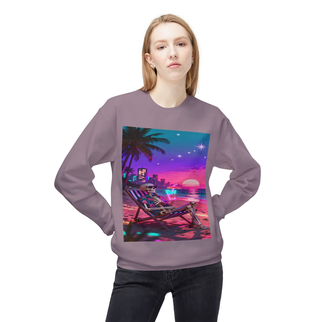 Retro Vaporwave Skeleton Beach Sweatshirt | Neon Sunset Aesthetic