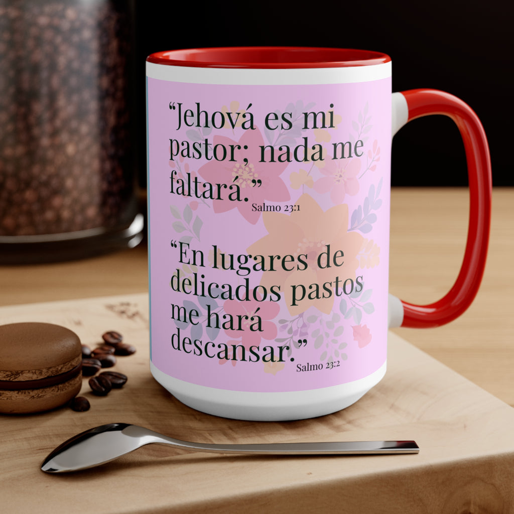 Lion Illustration Accent Mug | Bible Verse Spanish Text, Pink Interior