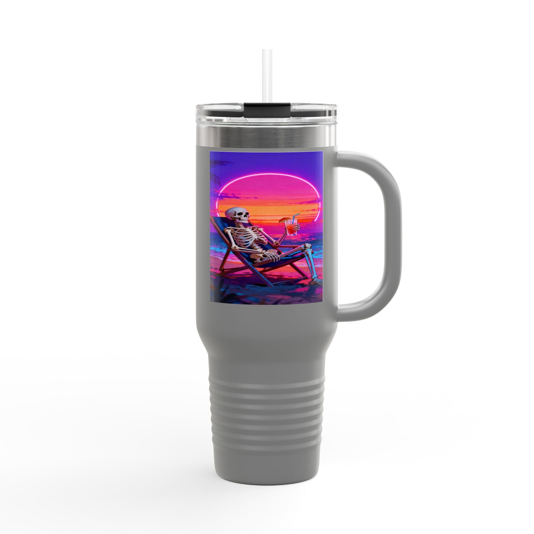 Retro Vaporwave Skeleton Sunset Insulated Travel Mug
