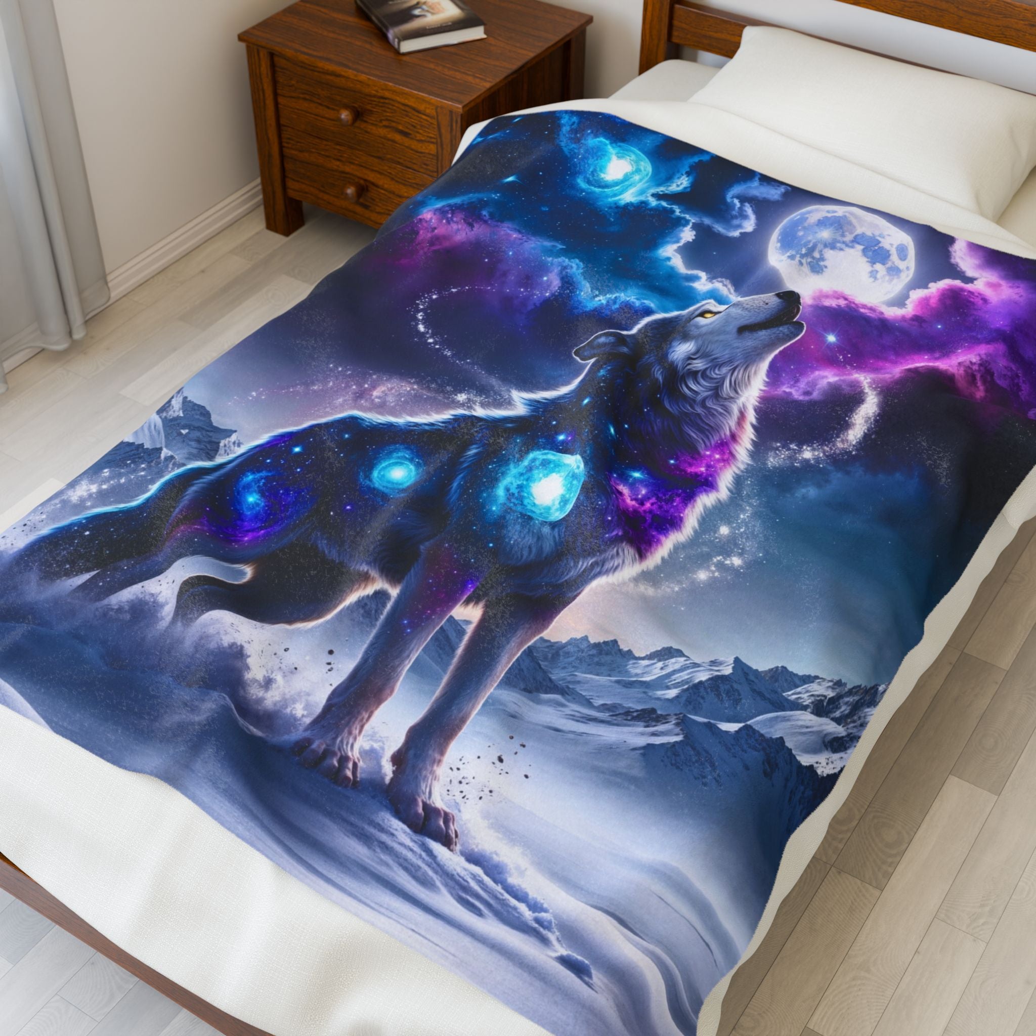Galaxy Wolf Howling Velveteen Plush Blanket | Cosmic Moon Wolf Throw