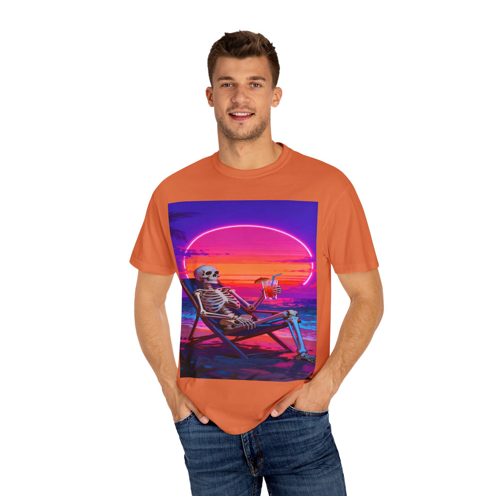Skeleton on Beach T-shirt | Retro Neon Sunset Vaporwave