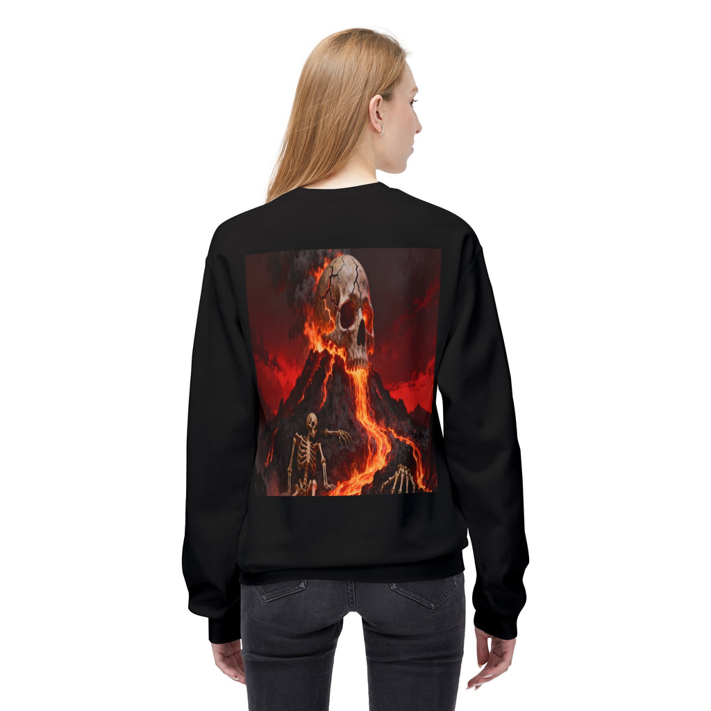 Raven on Skull Crewneck Sweatshirt | Skull Volcano Back Print