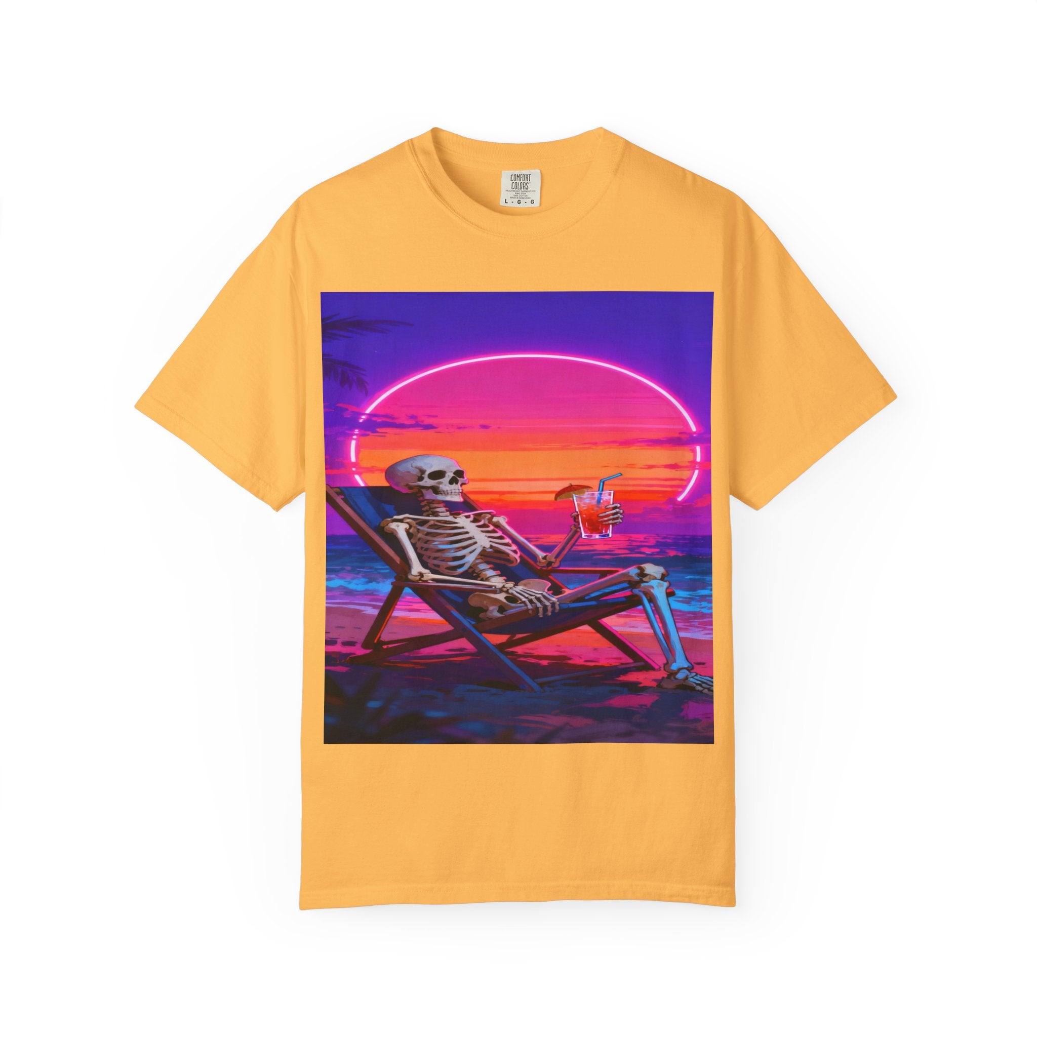 Skeleton on Beach T-shirt | Retro Neon Sunset Vaporwave
