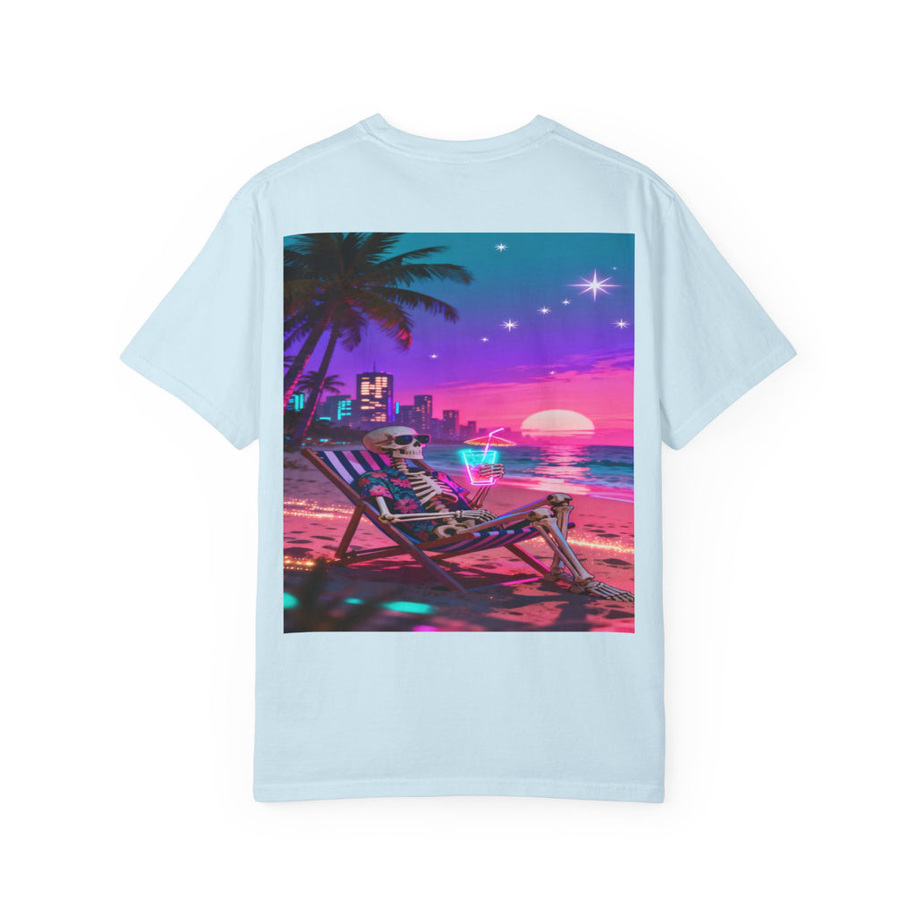 Skeleton on Beach T-shirt | Retro Neon Sunset Vaporwave