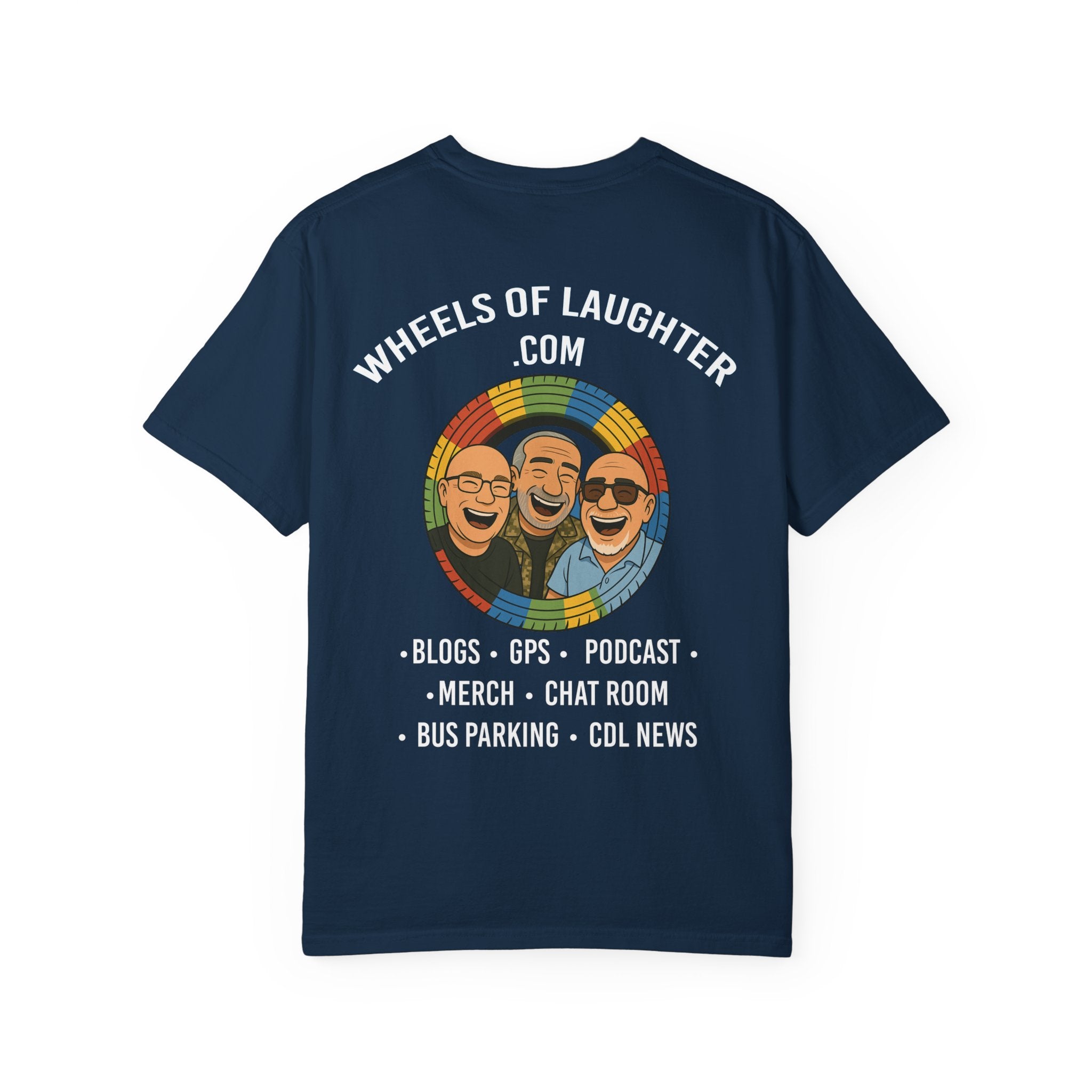 T-Shirt — Colorful Trio Logo Tee "=Wheels of laughter podcast CDL Drivers"