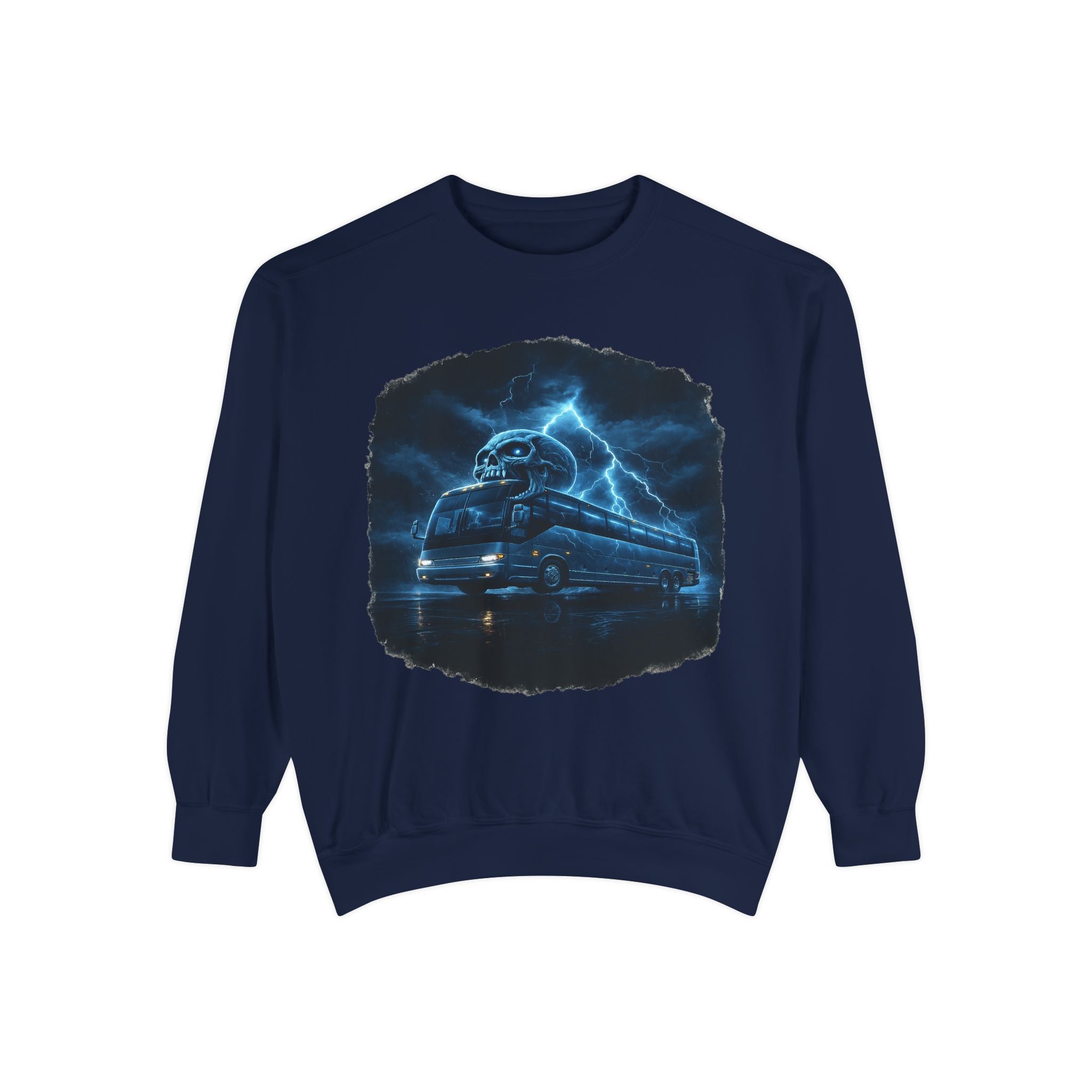 Ghostly Night Bus Sweatshirt — Haunted Storm Road Trip Crewneck
