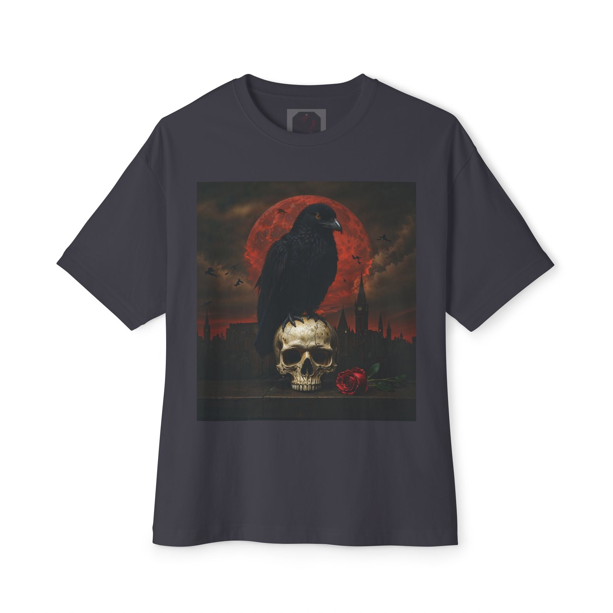 Raven Rising from Flames Skull Tee | Gothic Metal Fantasy