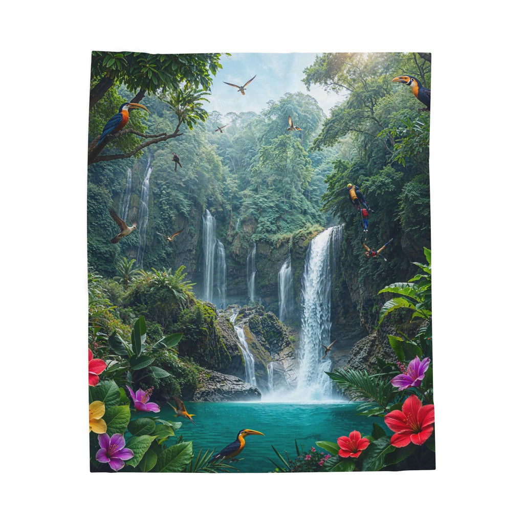 Tropical Waterfall Scene Velveteen Plush Blanket | Jungle Birds, Hibiscus