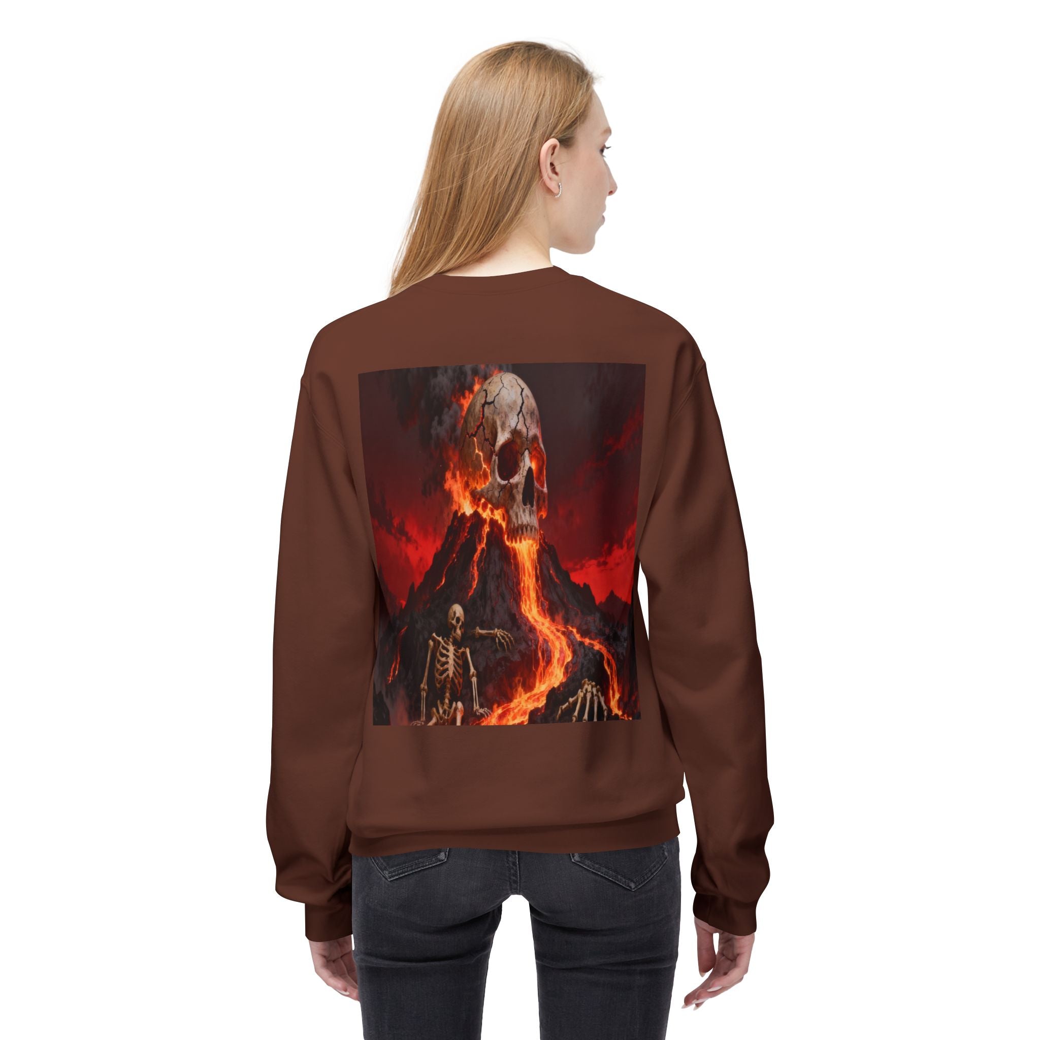 Raven on Skull Crewneck Sweatshirt | Skull Volcano Back Print