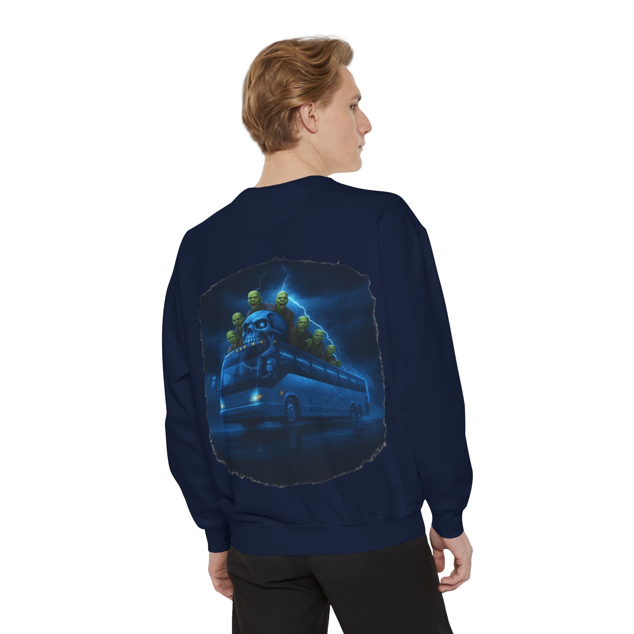 Ghostly Night Bus Sweatshirt — Haunted Storm Road Trip Crewneck