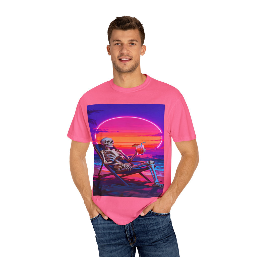 Skeleton on Beach T-shirt | Retro Neon Sunset Vaporwave