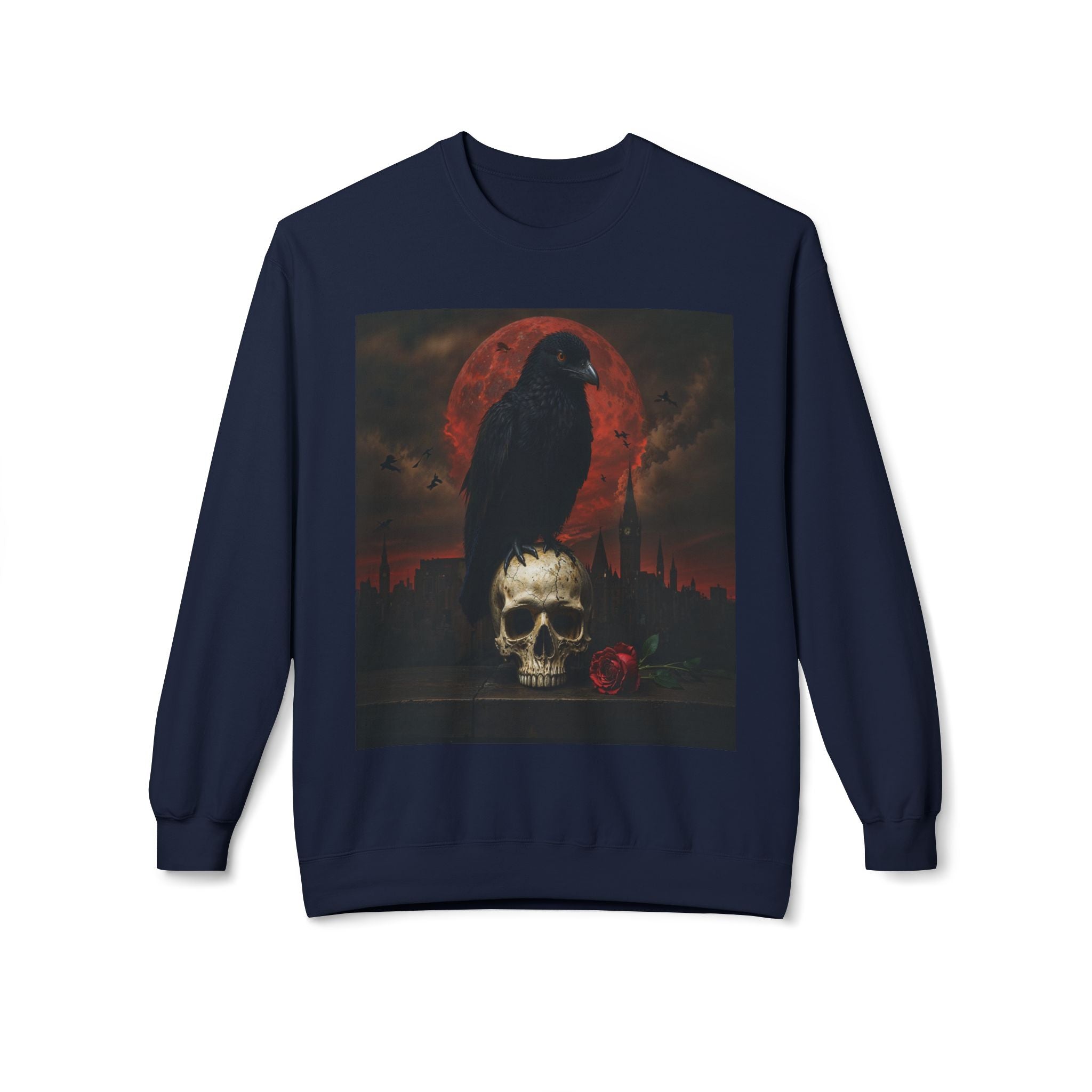 Raven on Skull Crewneck Sweatshirt | Skull Volcano Back Print