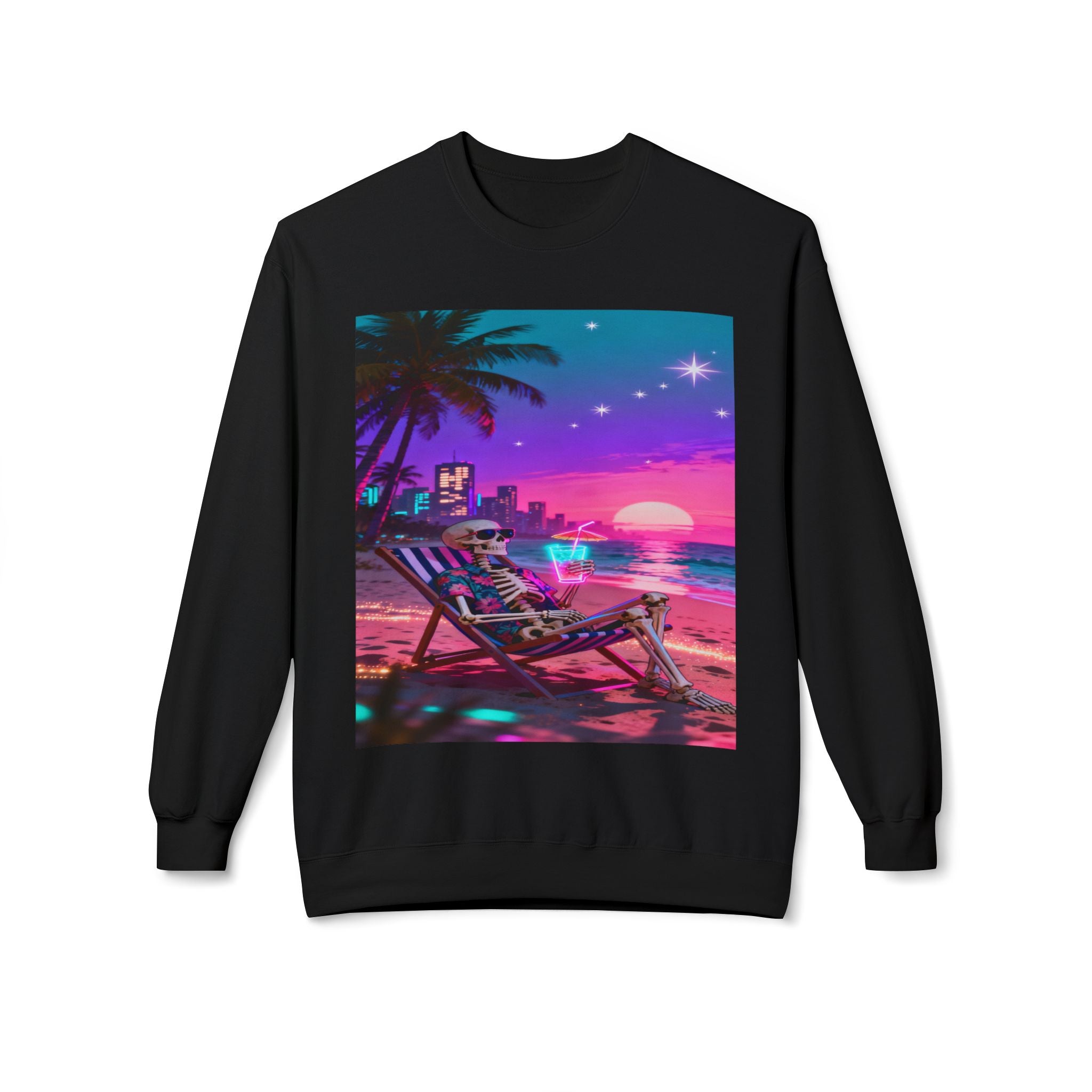 Retro Vaporwave Skeleton Beach Sweatshirt | Neon Sunset Aesthetic