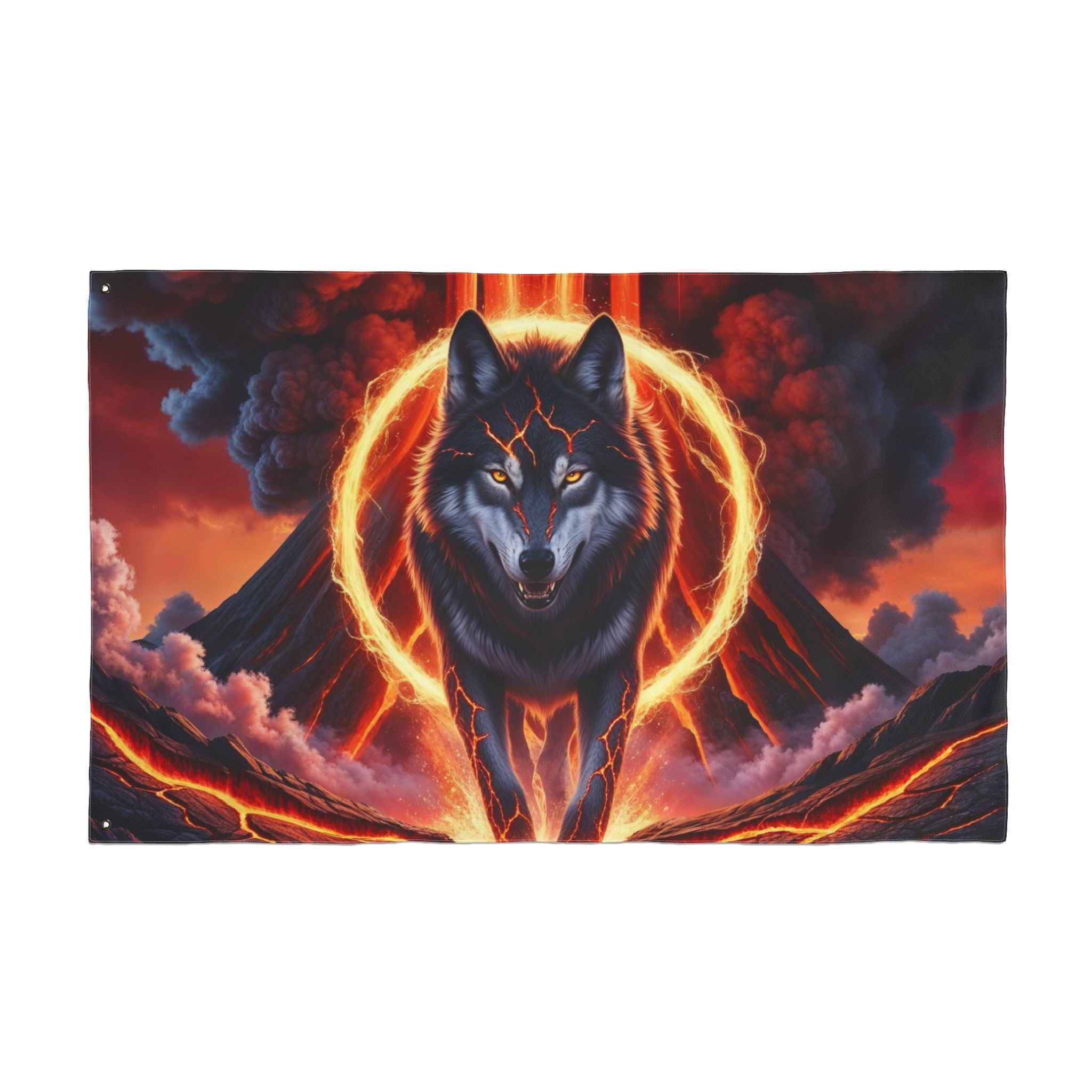 Fiery Wolf with Lava Ring Flag | Double-Sided Flag, Volcano Night Scene