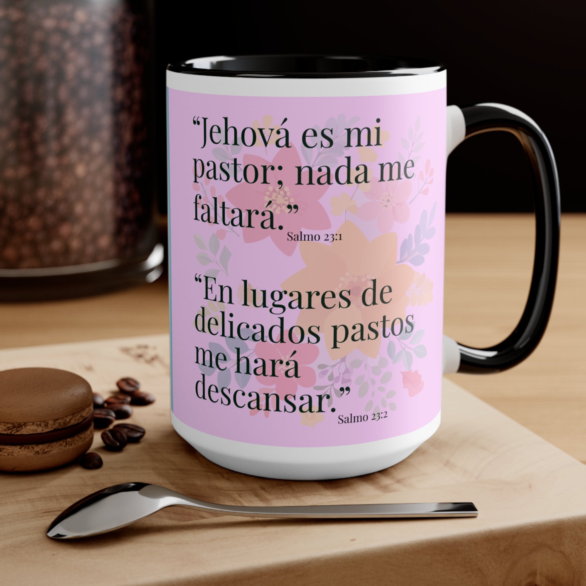 Lion Illustration Accent Mug | Bible Verse Spanish Text, Pink Interior