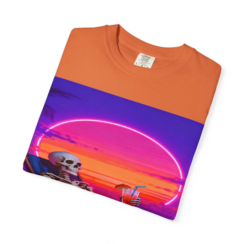 Skeleton on Beach T-shirt | Retro Neon Sunset Vaporwave