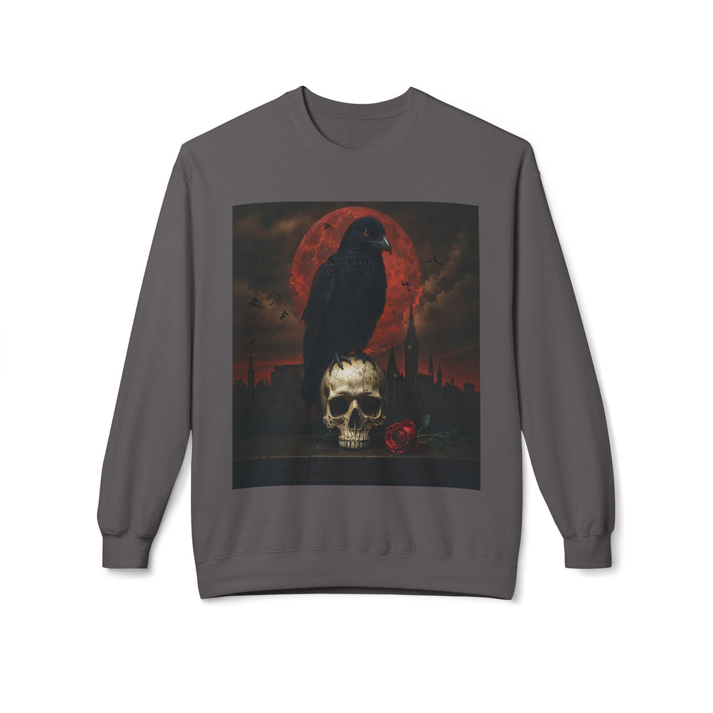 Raven on Skull Crewneck Sweatshirt | Skull Volcano Back Print