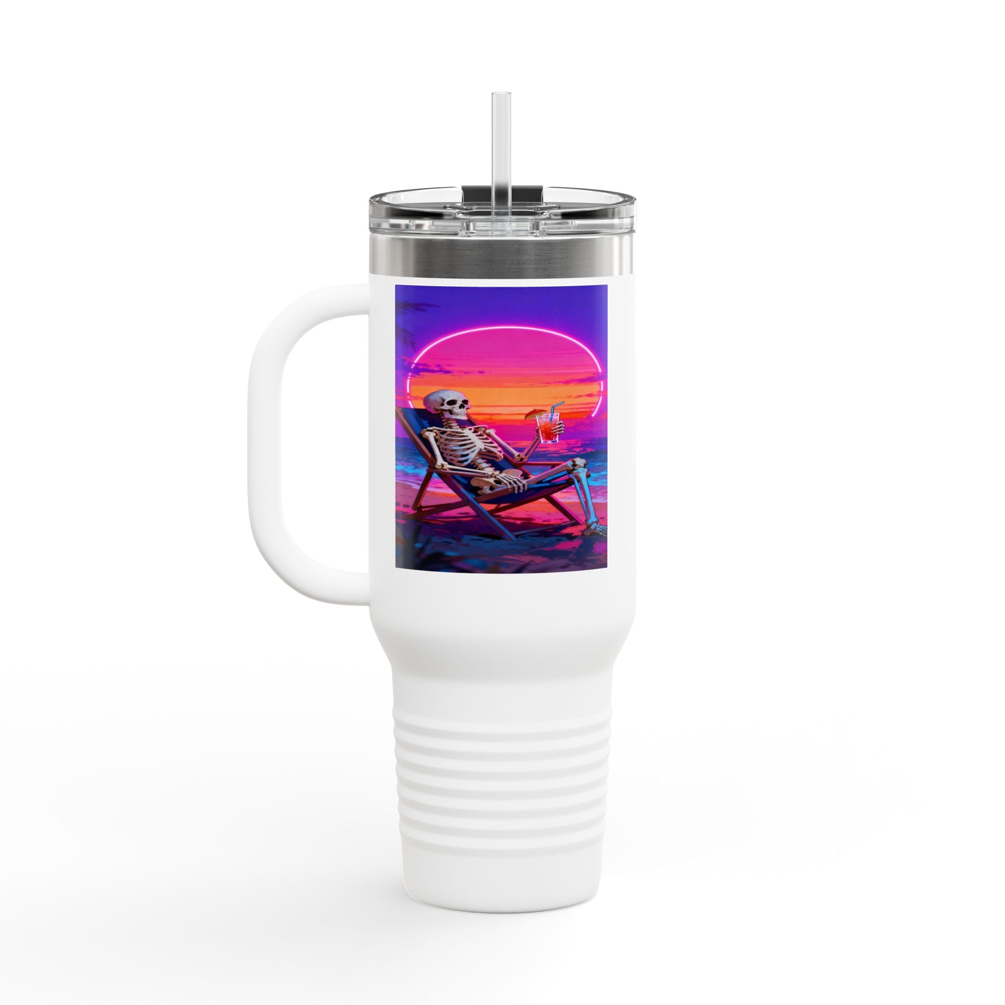 Retro Vaporwave Skeleton Sunset Insulated Travel Mug