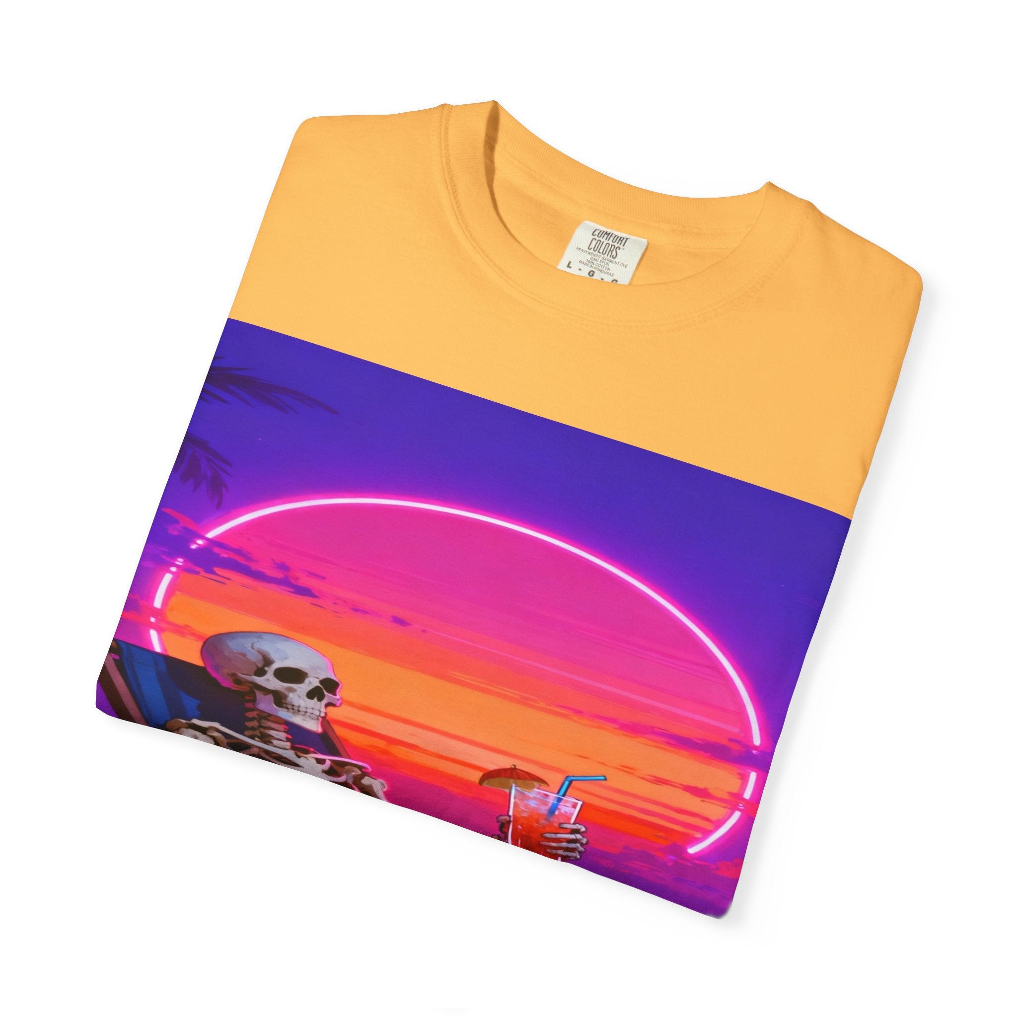 Skeleton on Beach T-shirt | Retro Neon Sunset Vaporwave