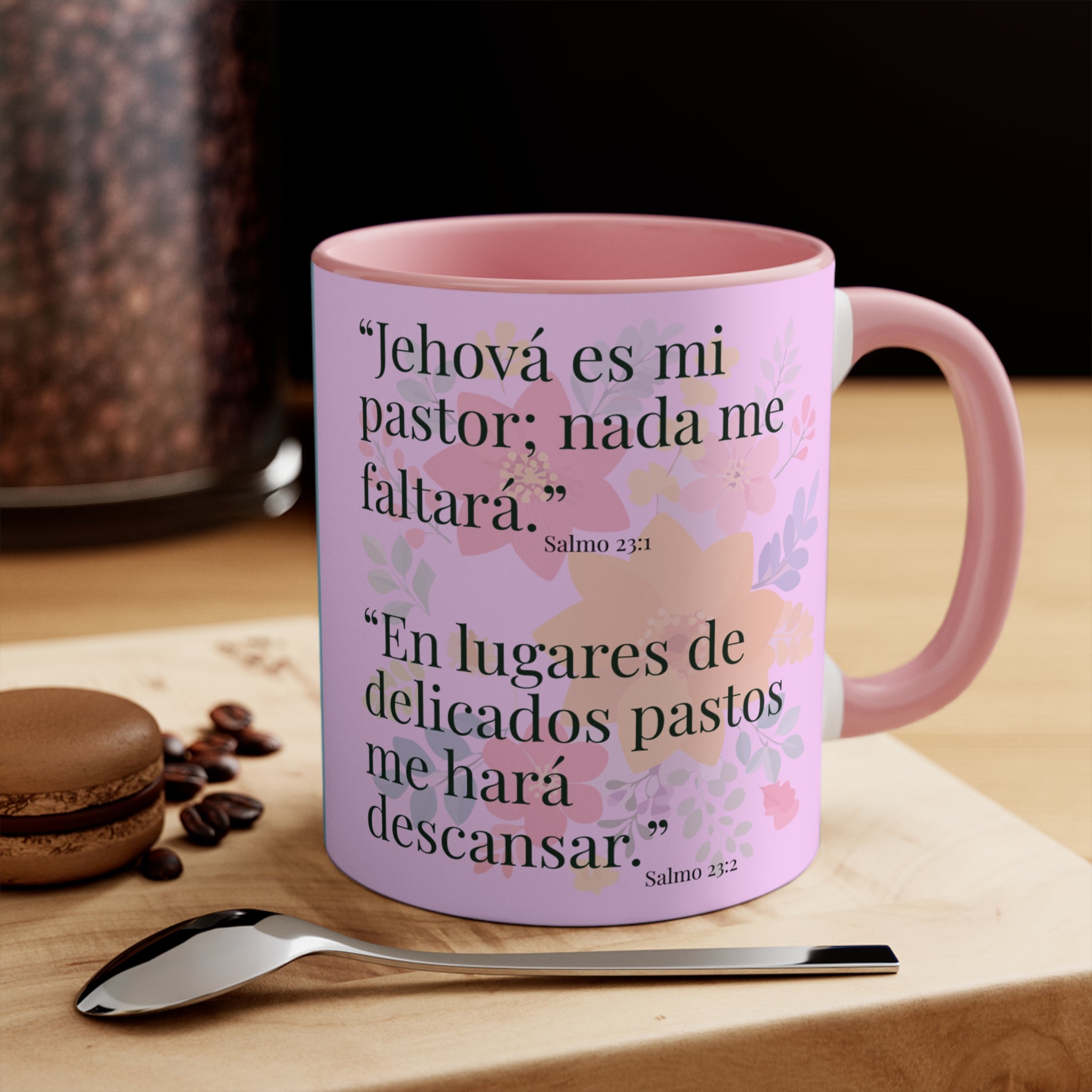 Lion Illustration Accent Mug | Bible Verse Spanish Text, Pink Interior