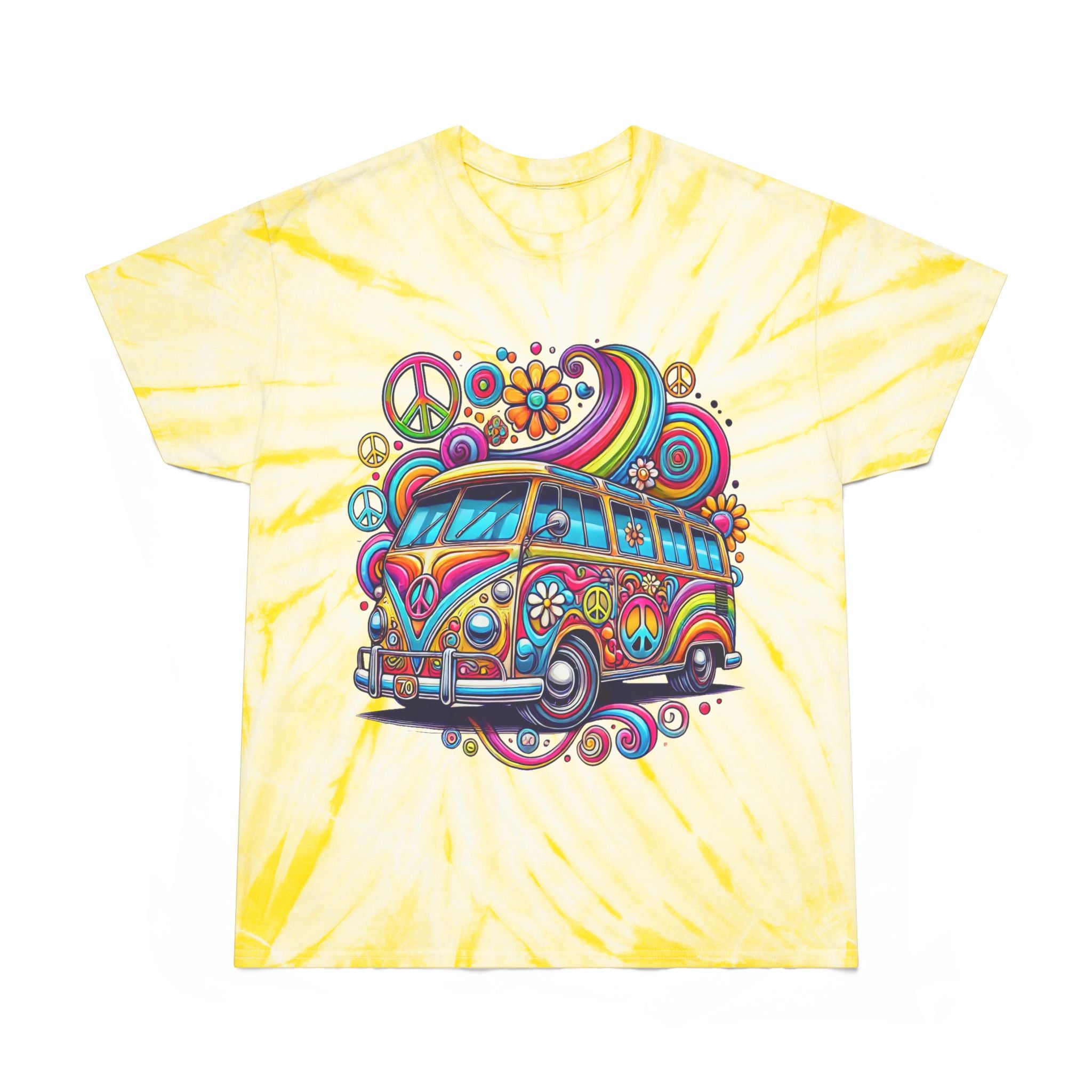 Psychedelic VW Bus Tie-Dye Tee — Retro Peace & Flower Power Graphic