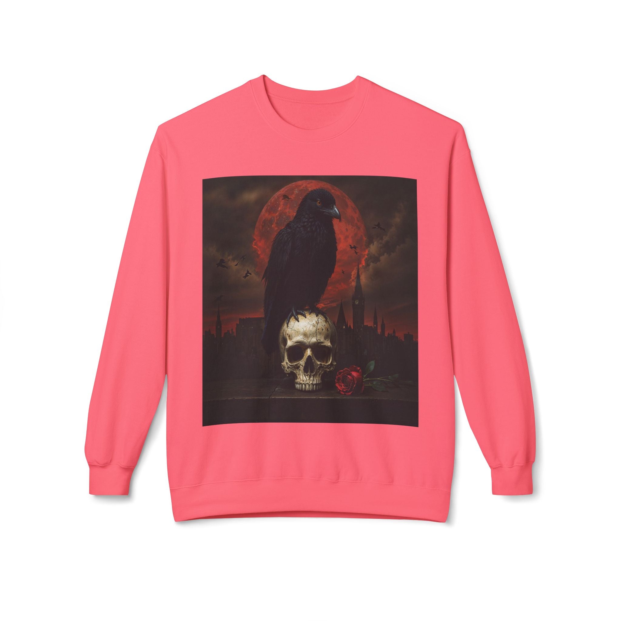 Raven on Skull Crewneck Sweatshirt | Skull Volcano Back Print