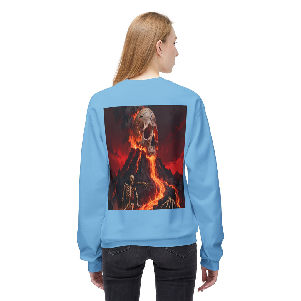 Raven on Skull Crewneck Sweatshirt | Skull Volcano Back Print