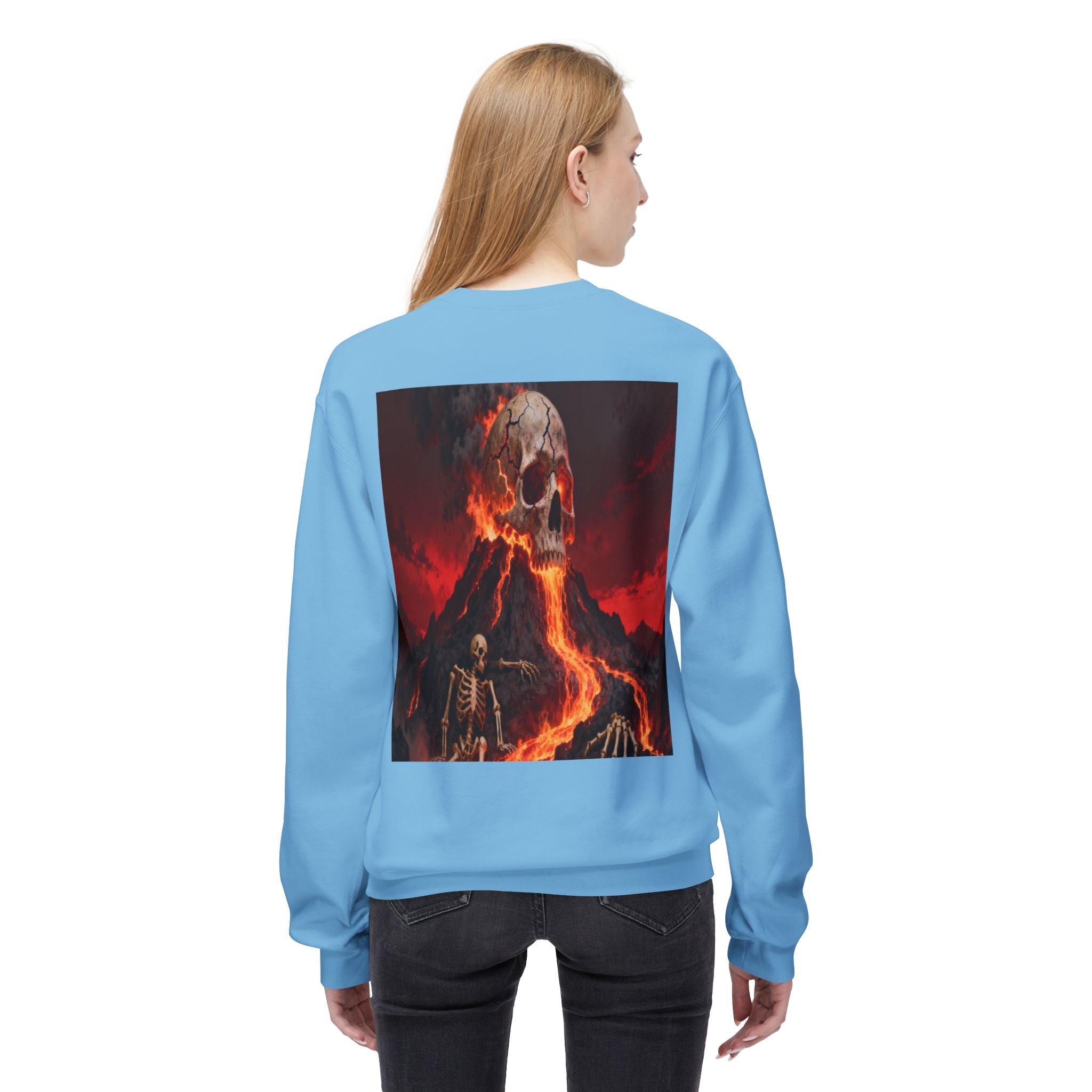 Raven on Skull Crewneck Sweatshirt | Skull Volcano Back Print