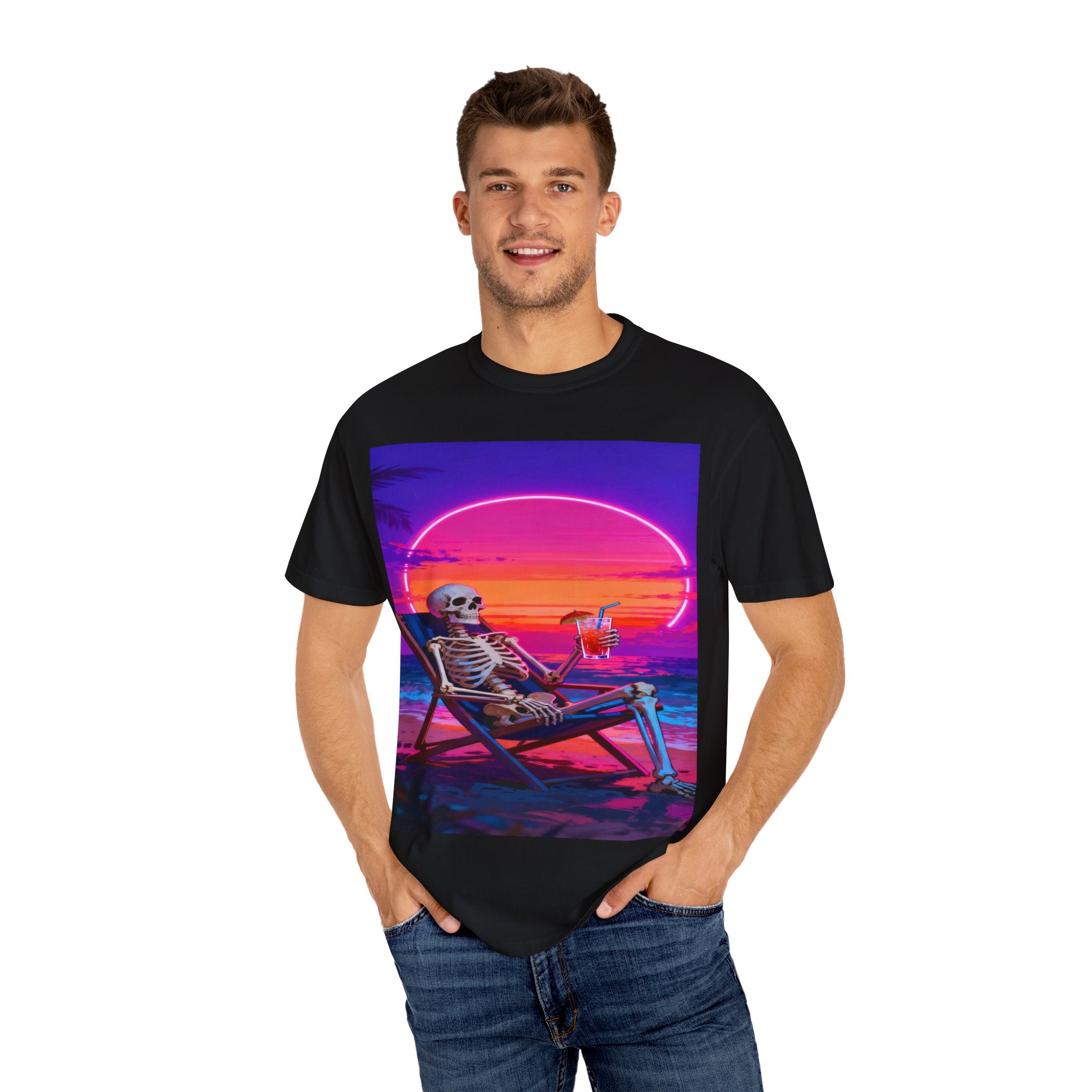 Skeleton on Beach T-shirt | Retro Neon Sunset Vaporwave