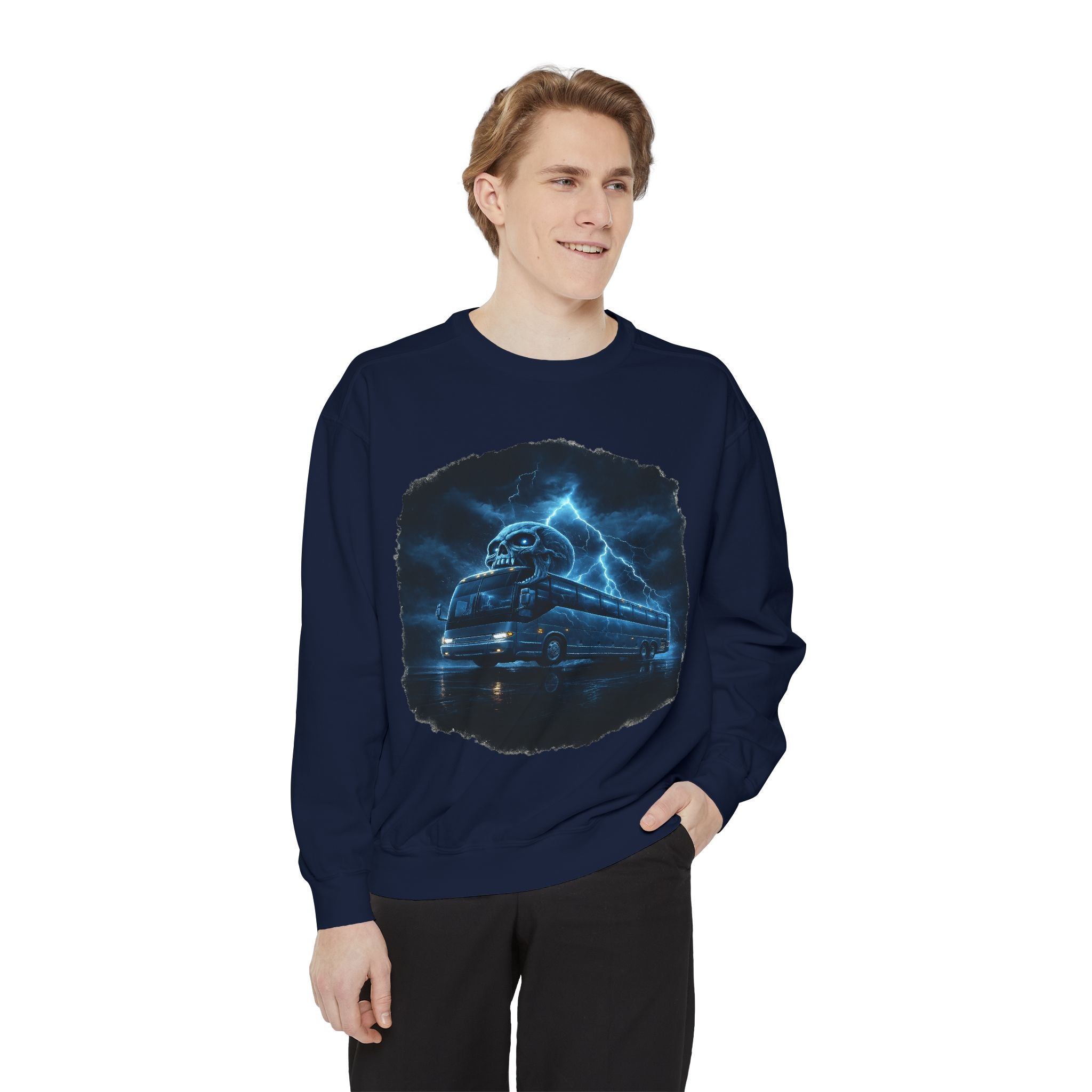 Ghostly Night Bus Sweatshirt — Haunted Storm Road Trip Crewneck