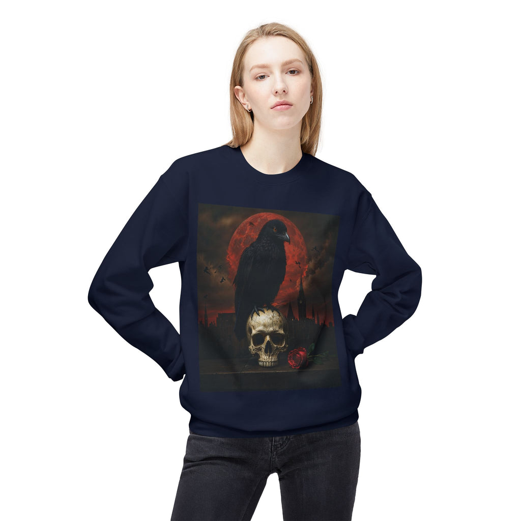 Raven on Skull Crewneck Sweatshirt | Skull Volcano Back Print