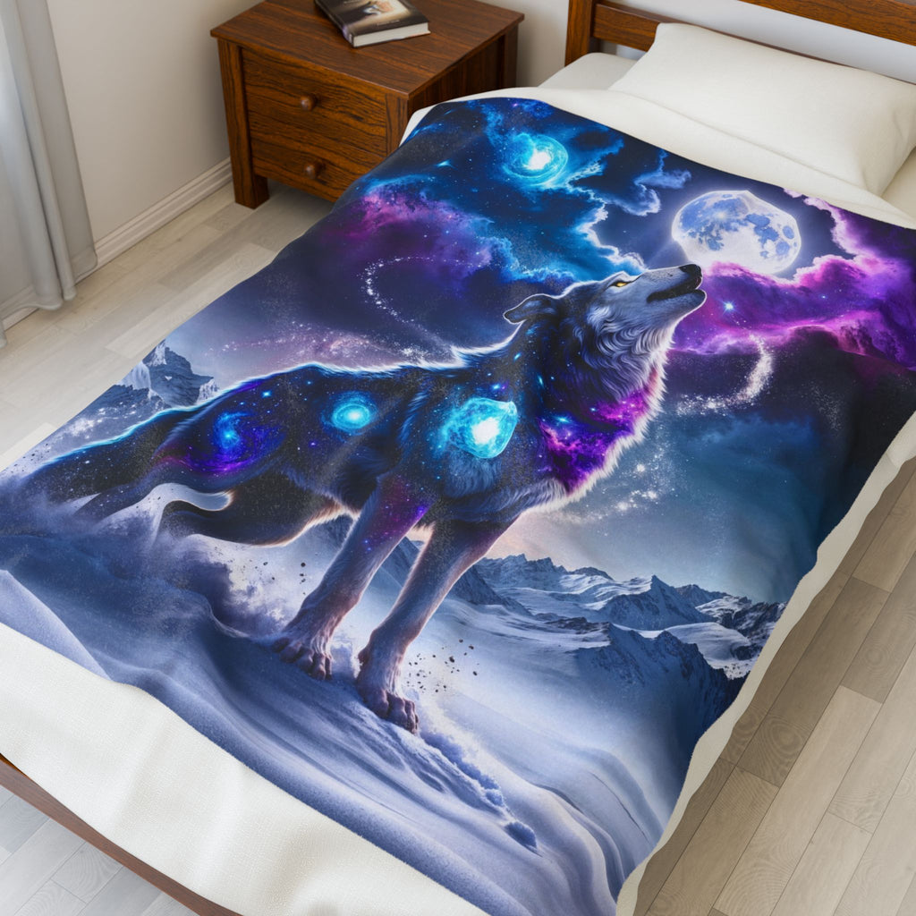 Galaxy Wolf Howling Velveteen Plush Blanket | Cosmic Moon Wolf Throw