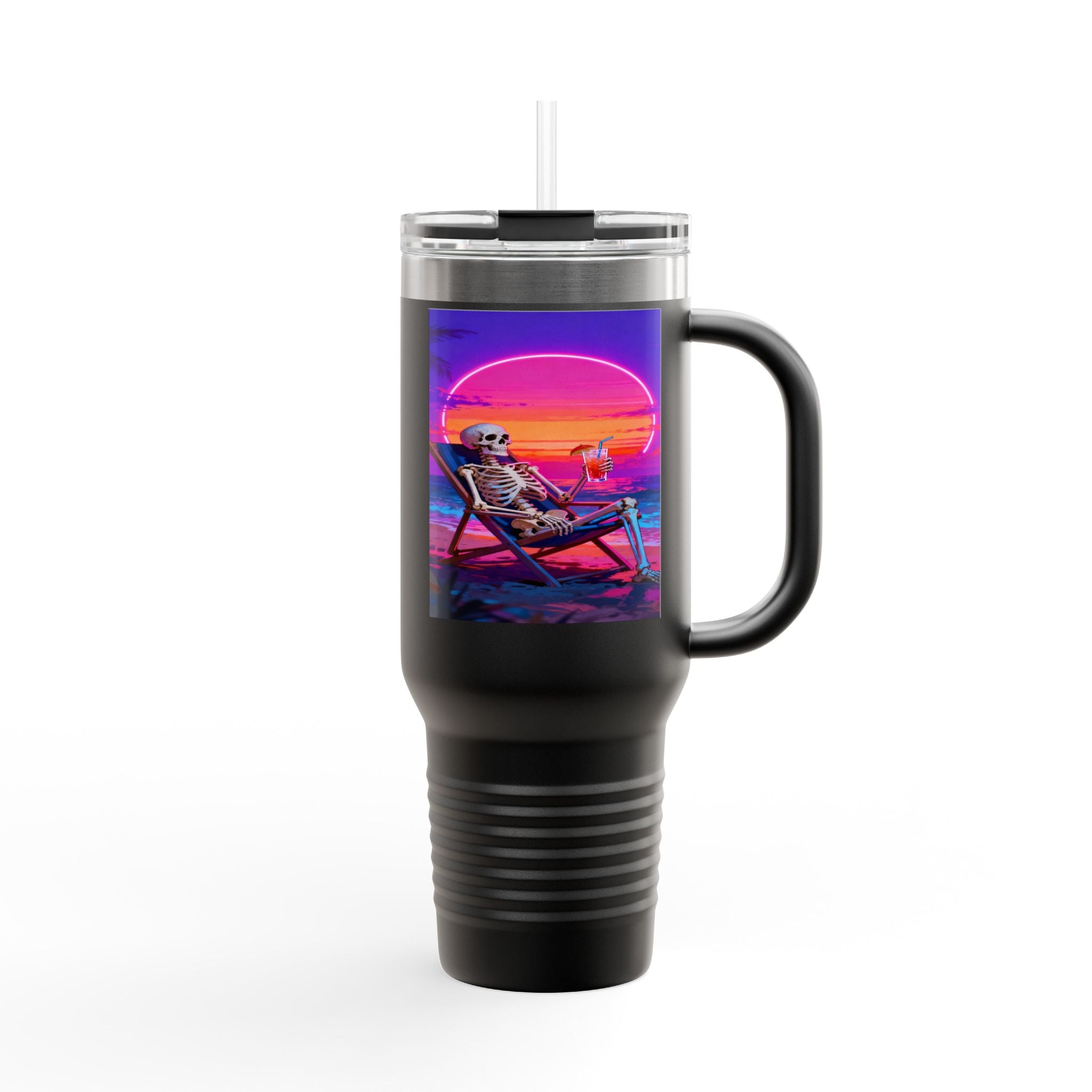 Retro Vaporwave Skeleton Sunset Insulated Travel Mug