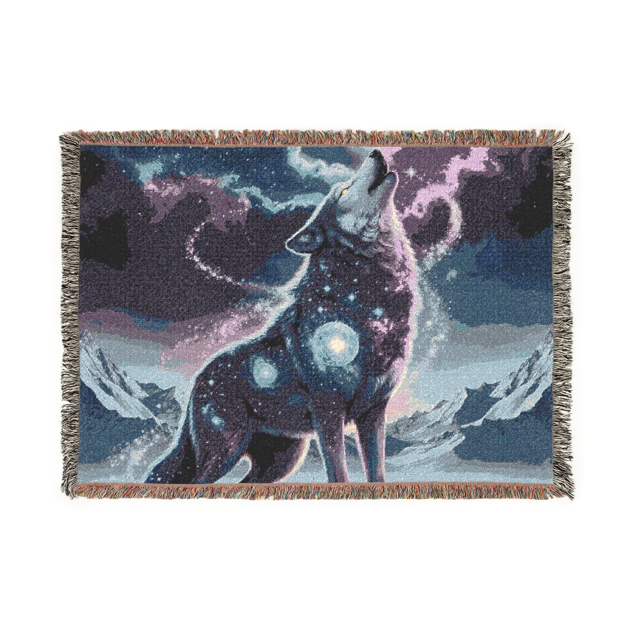 Cosmic Wolf Woven Blanket | Starry Galaxy Canine Tapestry Throw