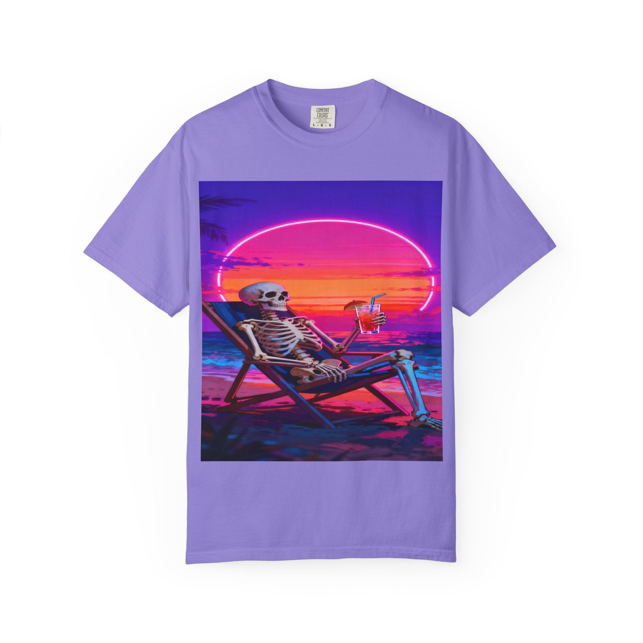 Skeleton on Beach T-shirt | Retro Neon Sunset Vaporwave
