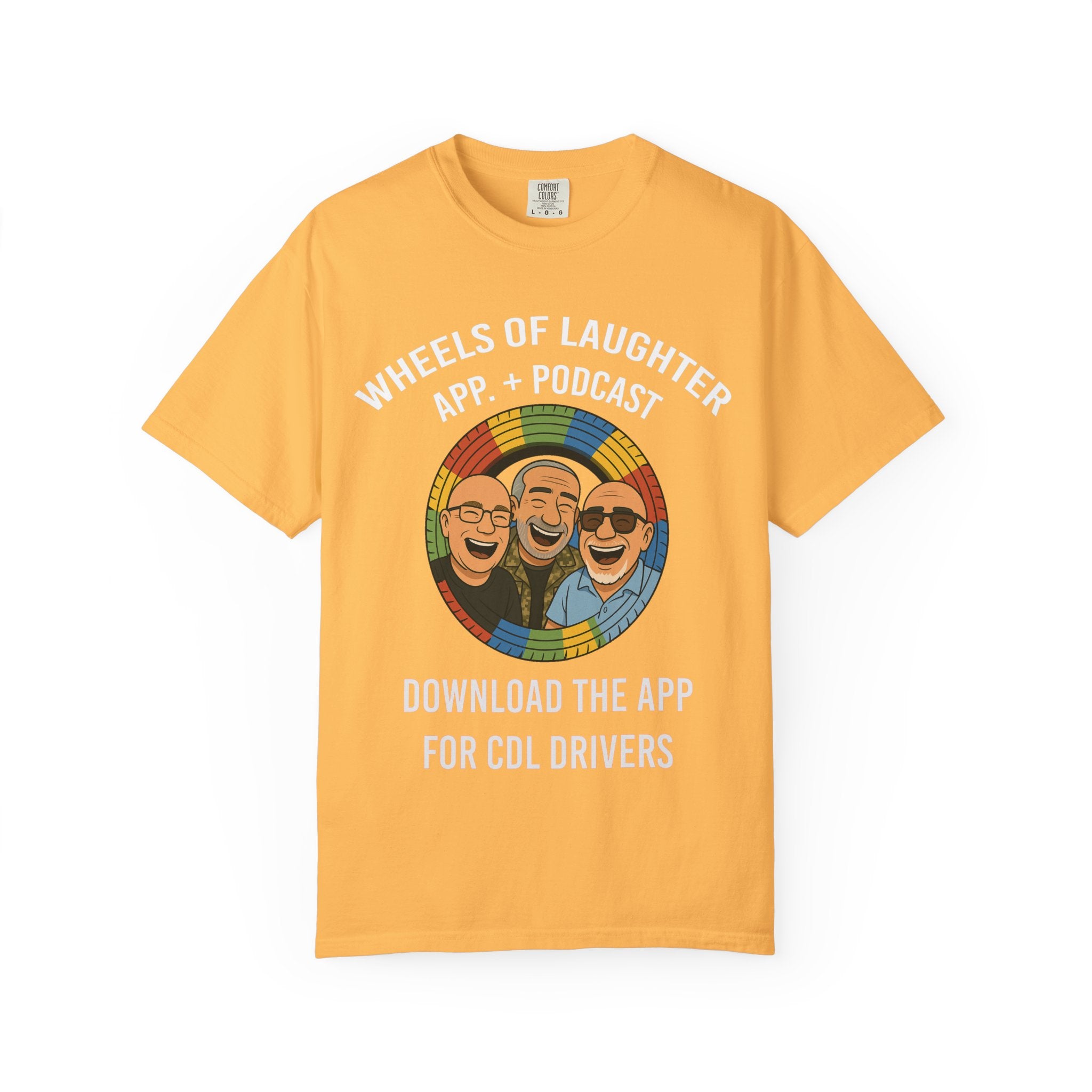 T-Shirt — Colorful Trio Logo Tee "=Wheels of laughter podcast CDL Drivers"