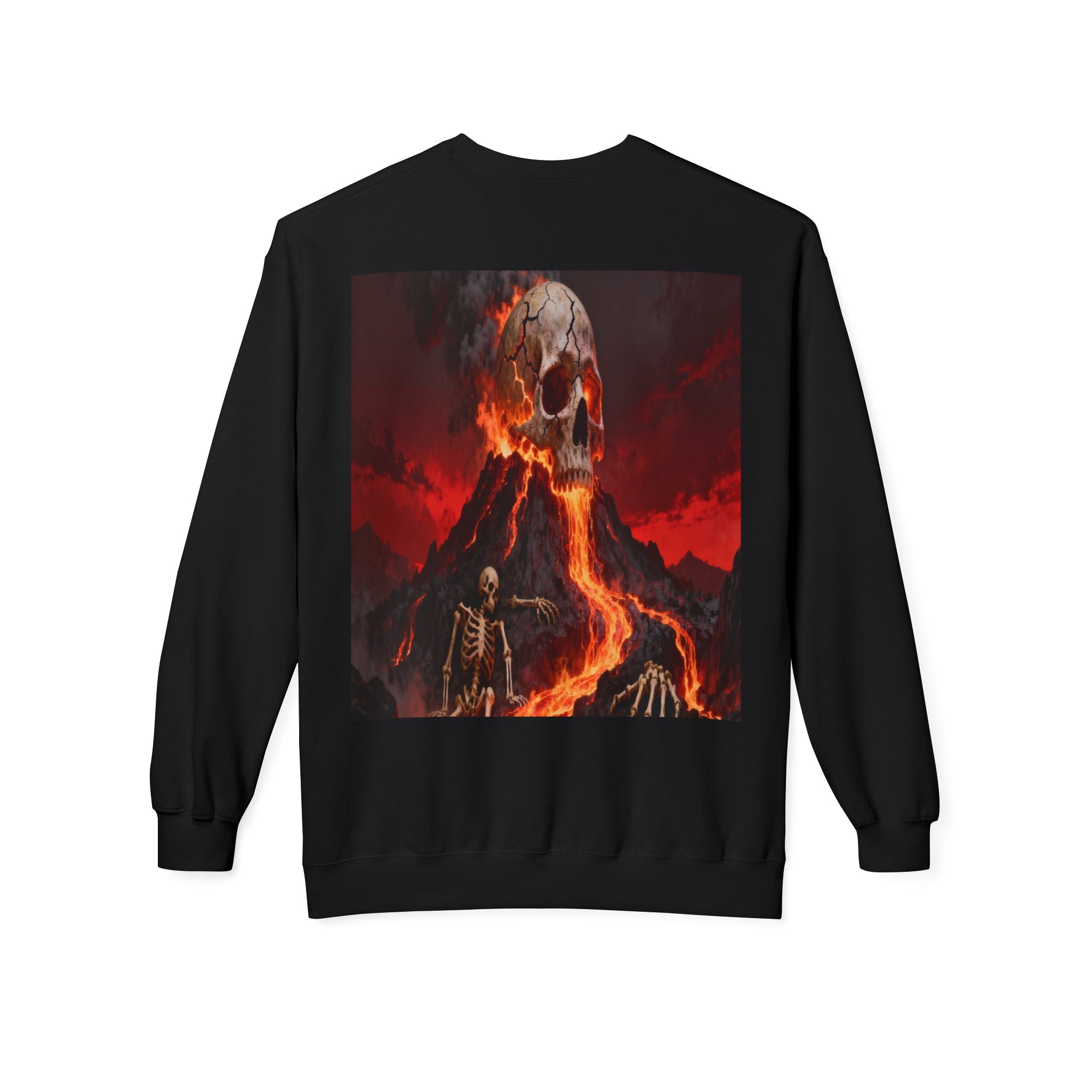 Raven on Skull Crewneck Sweatshirt | Skull Volcano Back Print