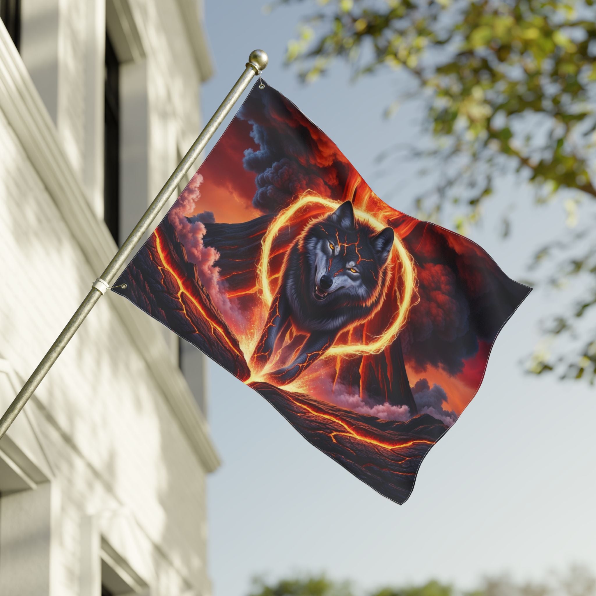 Fiery Wolf with Lava Ring Flag | Double-Sided Flag, Volcano Night Scene