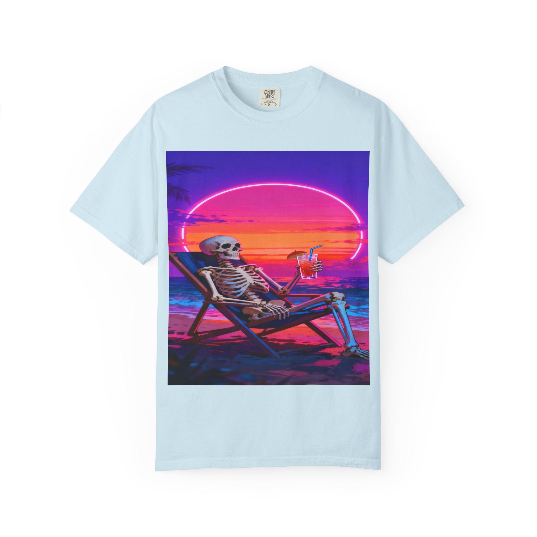 Skeleton on Beach T-shirt | Retro Neon Sunset Vaporwave